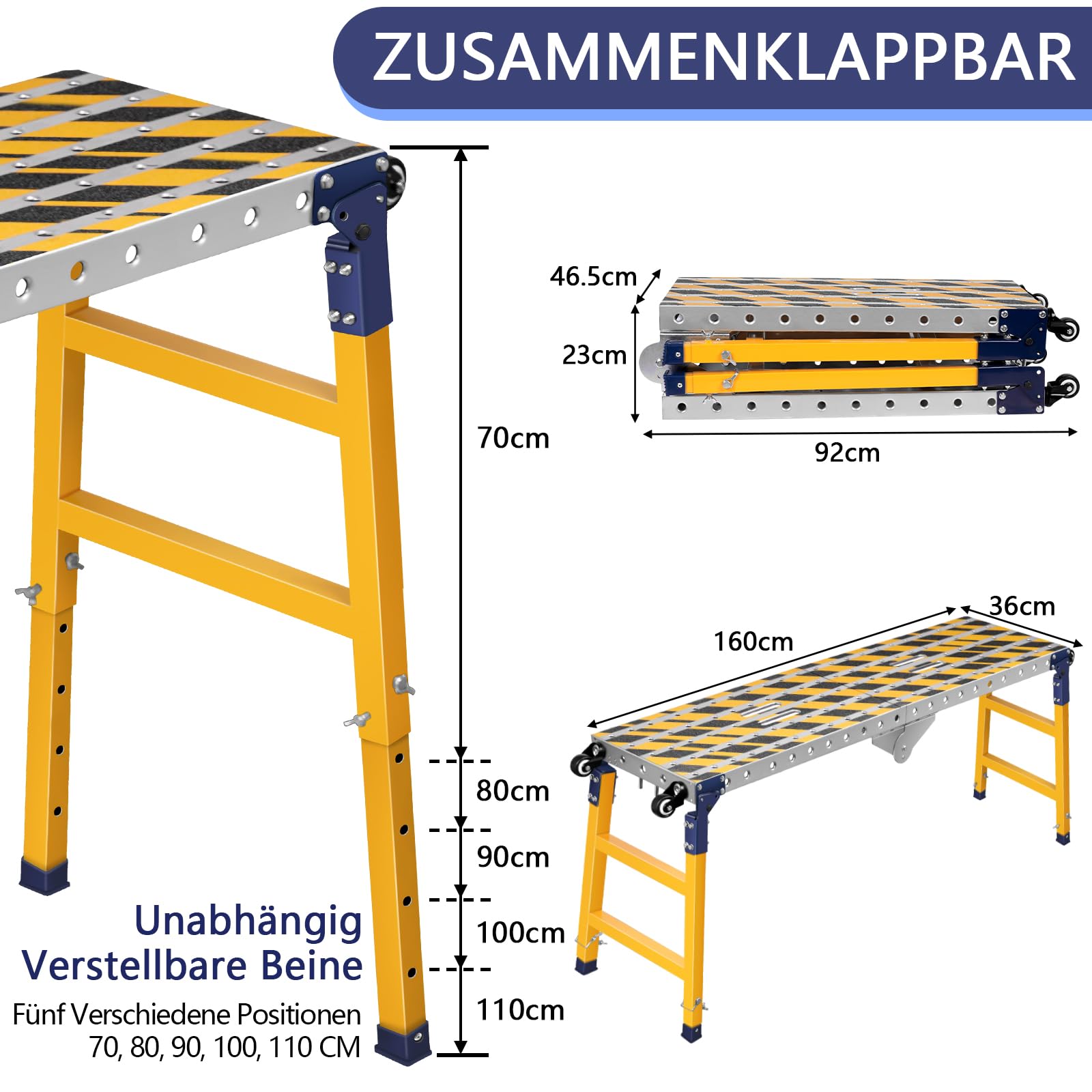 2 in 1 Stabil Arbeitsplattform + Mobiler Schweißtisch mit Antirutsch Klebestreifen, 160 * 36 cm Klappbare Arbeitsbühne Gerüst Werkbank Verzinkte mit Höhenverstellbar, 500 kg Belastbarkeit