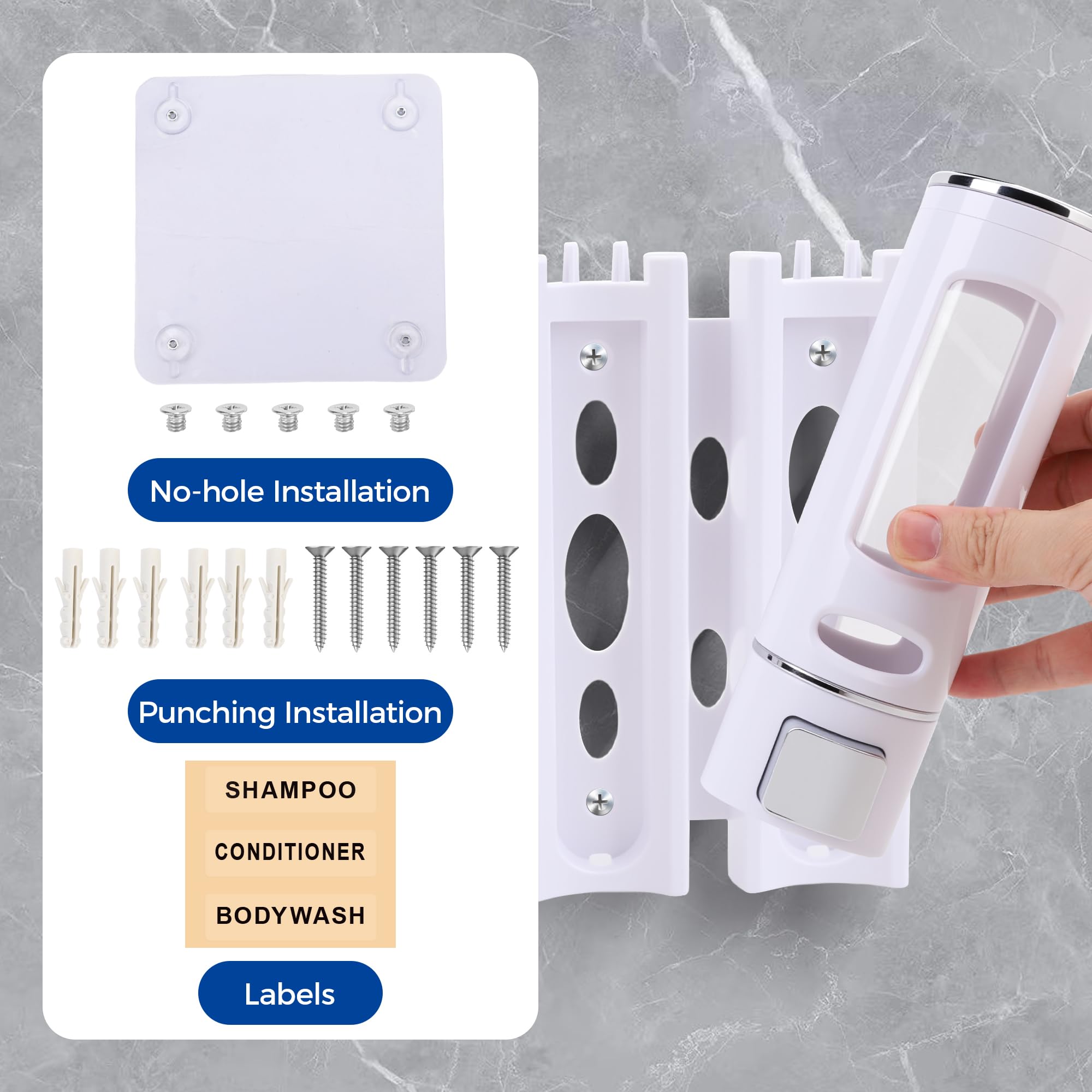 Dispensador de jabón, 3 cámaras de 400 ml, montado en la pared, sin taladro, color blanco