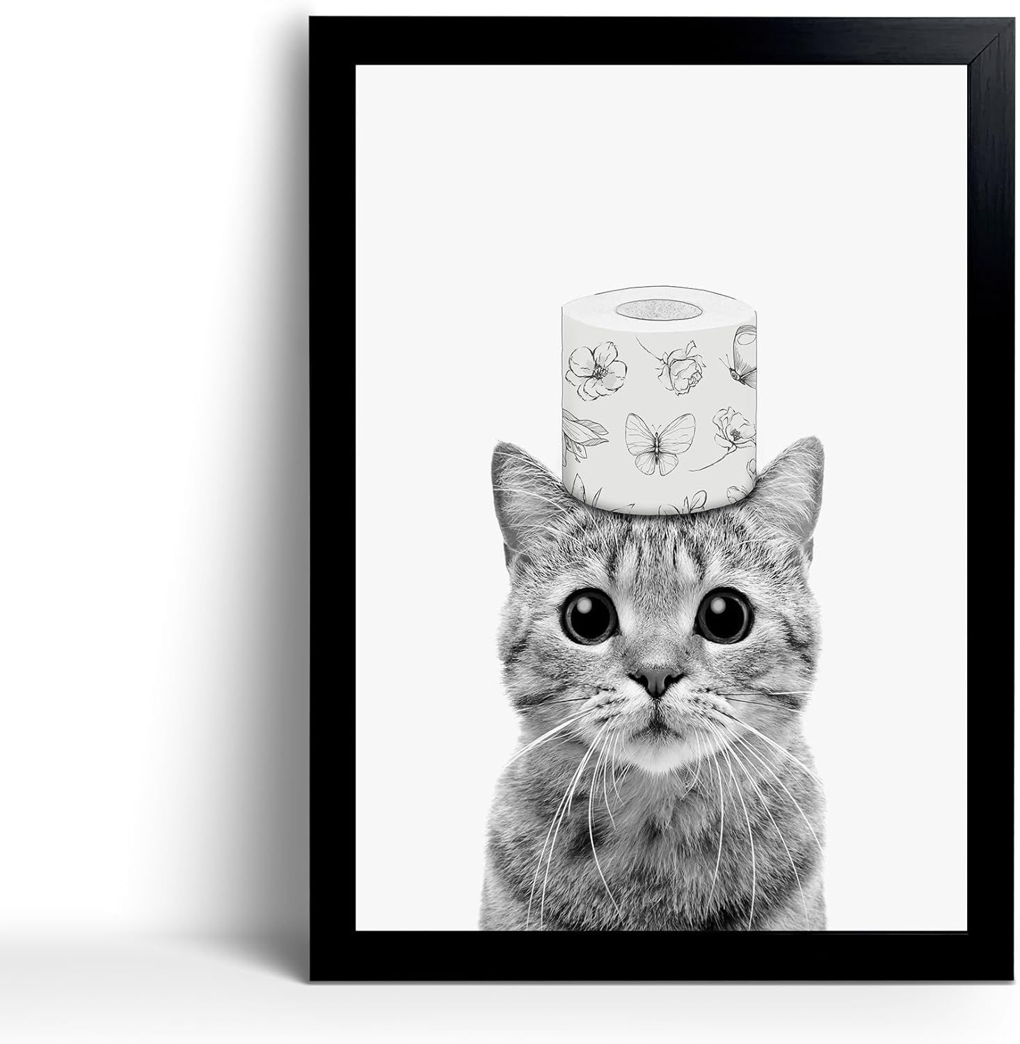 calmart Toilet Paper Prints - Cute Cat Bathroom Pictures Wall Decor - Funny Black and White Bathroom Decor Wall Art, Canvas Wall Art Home Decor for Bathroom Toilet Paper on Cat 28L" x 20W"
