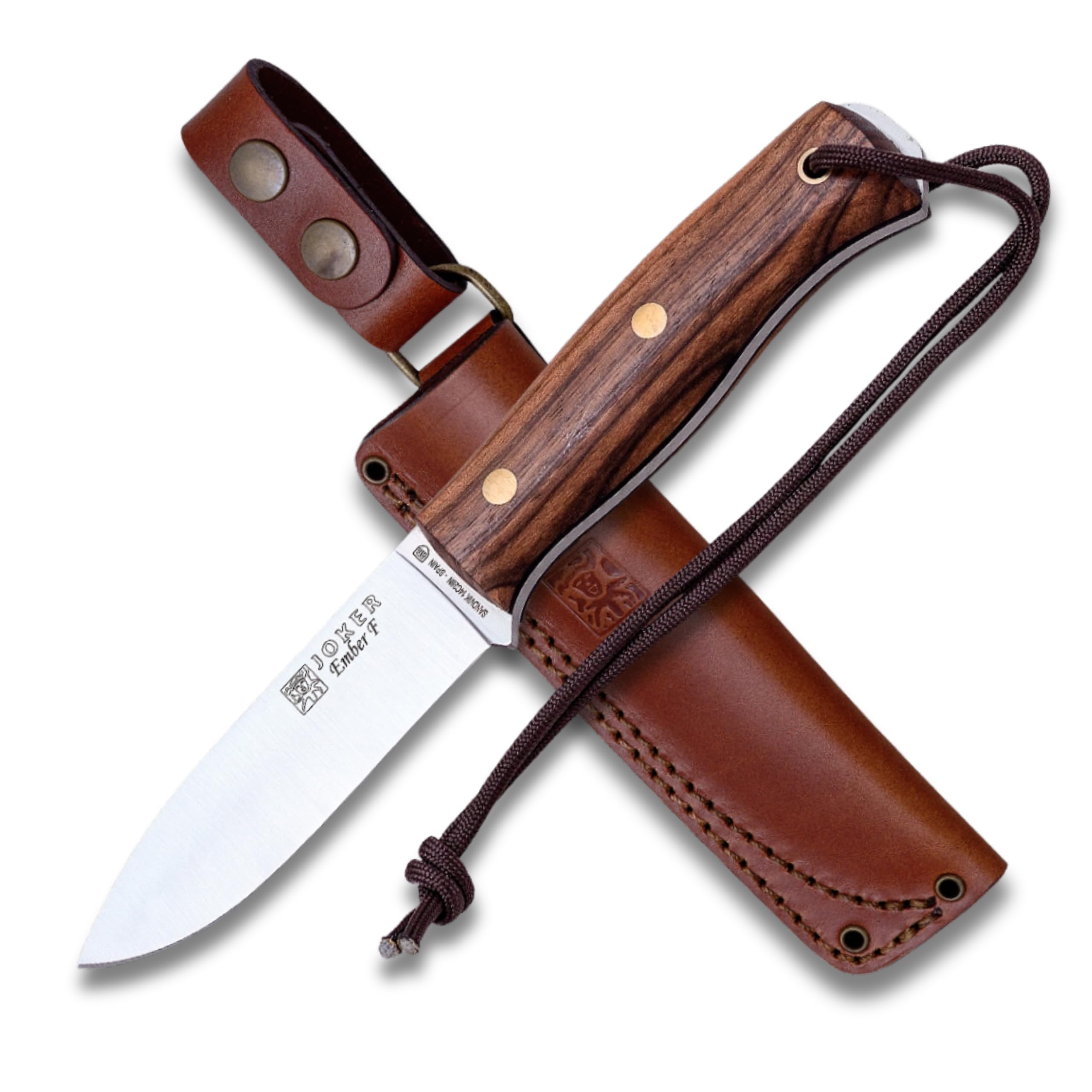 joker Bushcraft Ember F CN123, orzech mango, skórzana pochwa, ostrze 10,5 cm, 2 metry paracordu, do wędkowania, polowania, biwakowania i trekkingu
