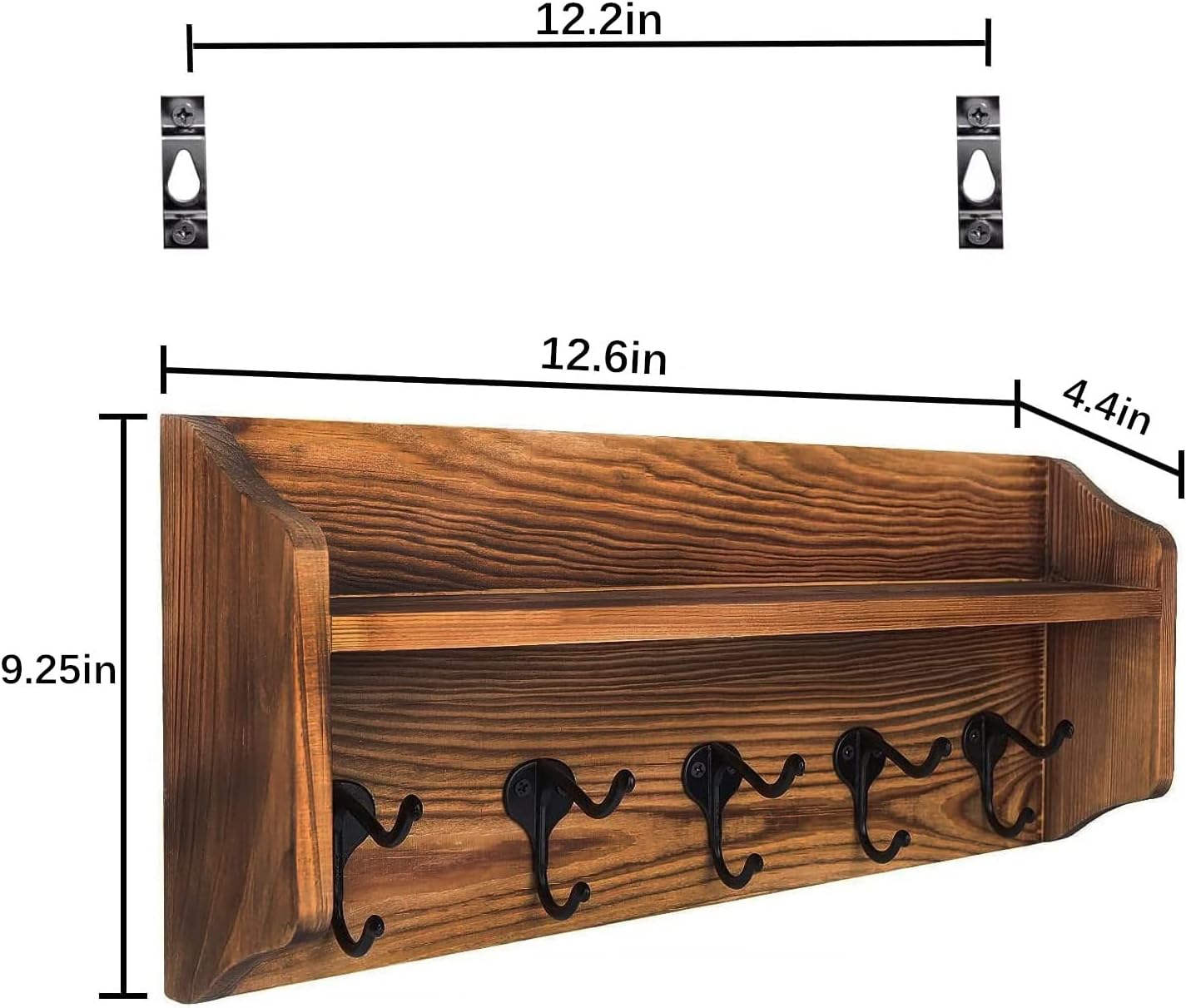 BIGLUFU Coat Hooks with Shelf, Wall Mounted Entryway Shelf with 5 Double Hooks, Rustic Wood Coat Hanger for Hallway, Bathroom, Living Room, Bedroom, Brown