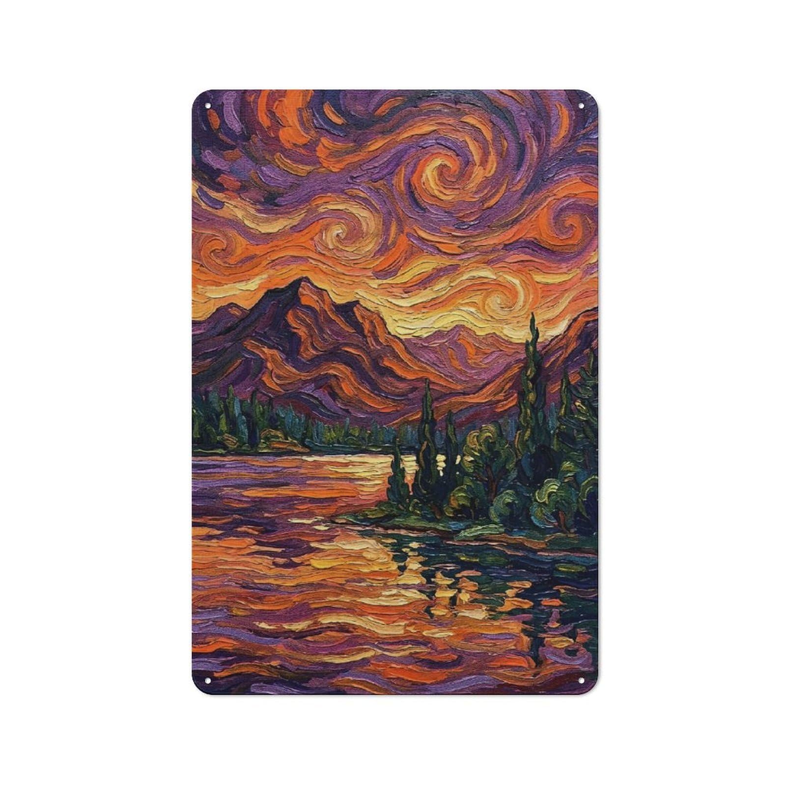 Junmoney Style-4 Metal Wall Sign 30X20cm Featuring Impressionistic Landscape Painting With Swirling Sky For Bar Or Restaurant, Gift For Bar Decor Enthusiasts During The Christmas Season