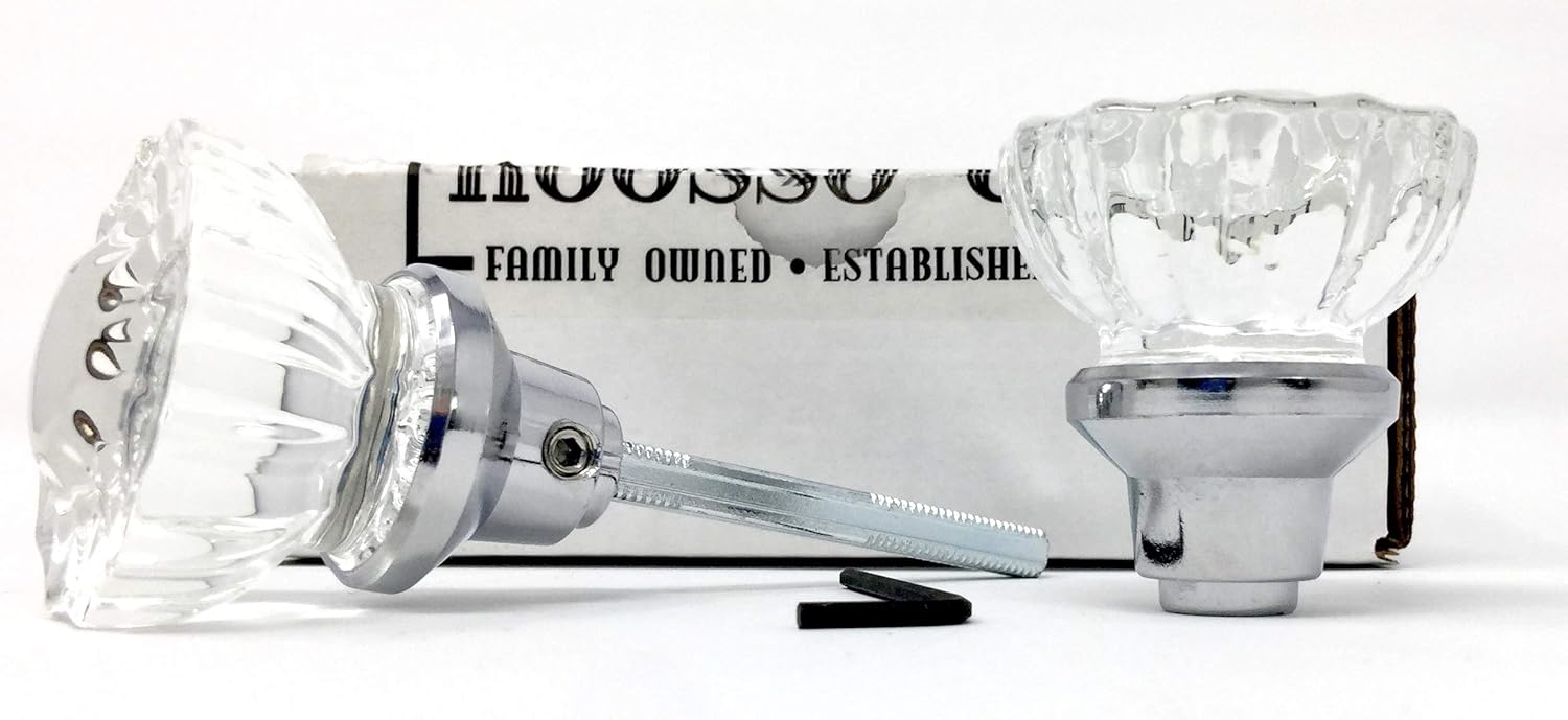 Rousso's Reproductions Depression Crystal Knobs with Set Screws and Spindle (Polished Chrome) (One Pair)