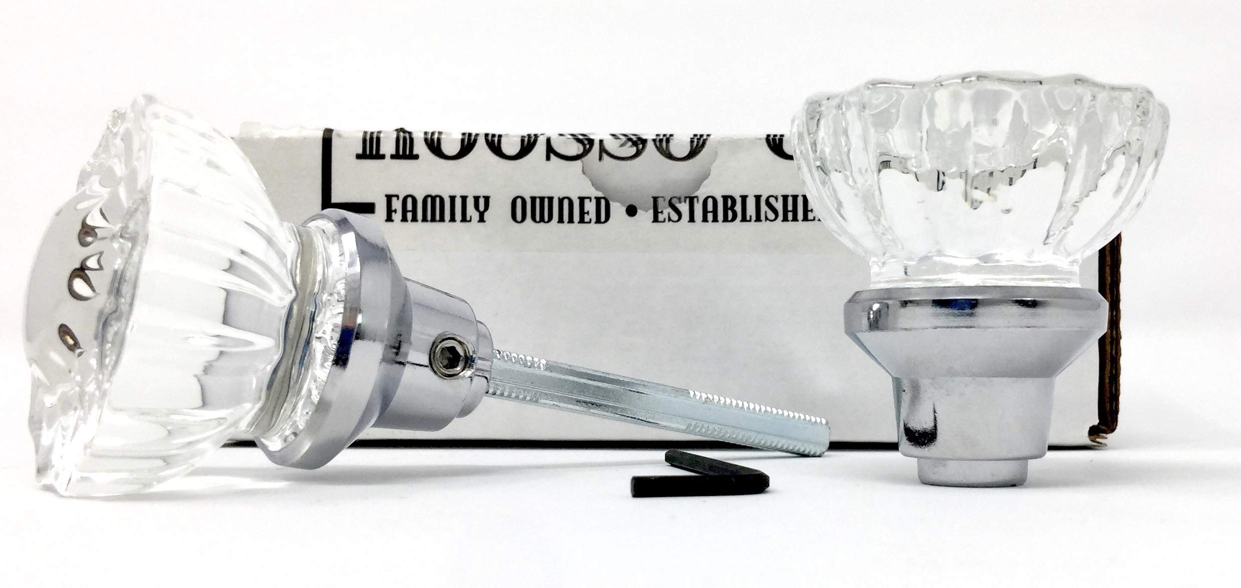Rousso's Reproductions Depression Crystal Knobs with Set Screws and Standard or Custom Length Spindlesâ€”New Replacements for Antique Knobs Easily Installs on Any Door. (Polished Chrome) (One Pair)