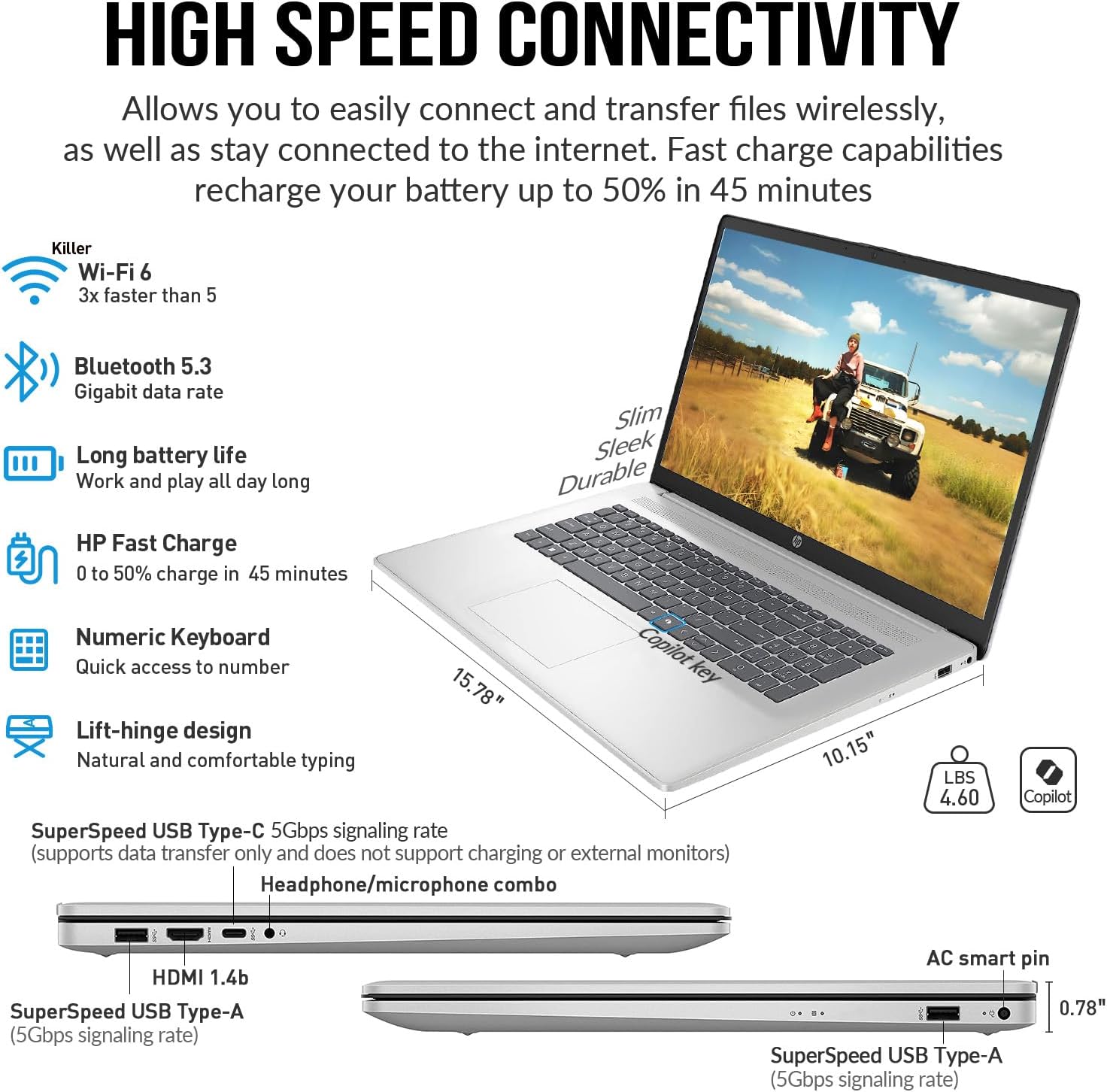വശം view of HP 17.3-inch Laptop PC showing various ports and connectivity features