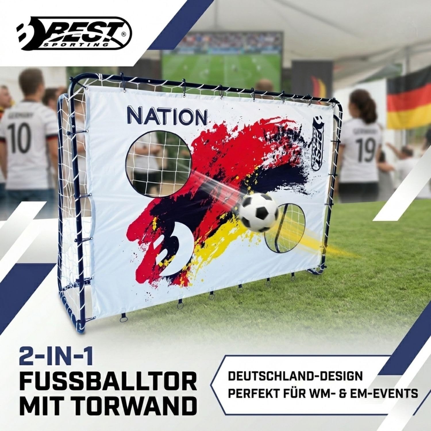 Best Sporting Fußballtor Kinder mit Torwand Nation, perfekt für WM- & EM-Veranstaltungen | 2-in-1 Fussballtore für Garten Kinder im Deutschland Design - 213 x 152 x 76 cm mit 2 Schusslöchern