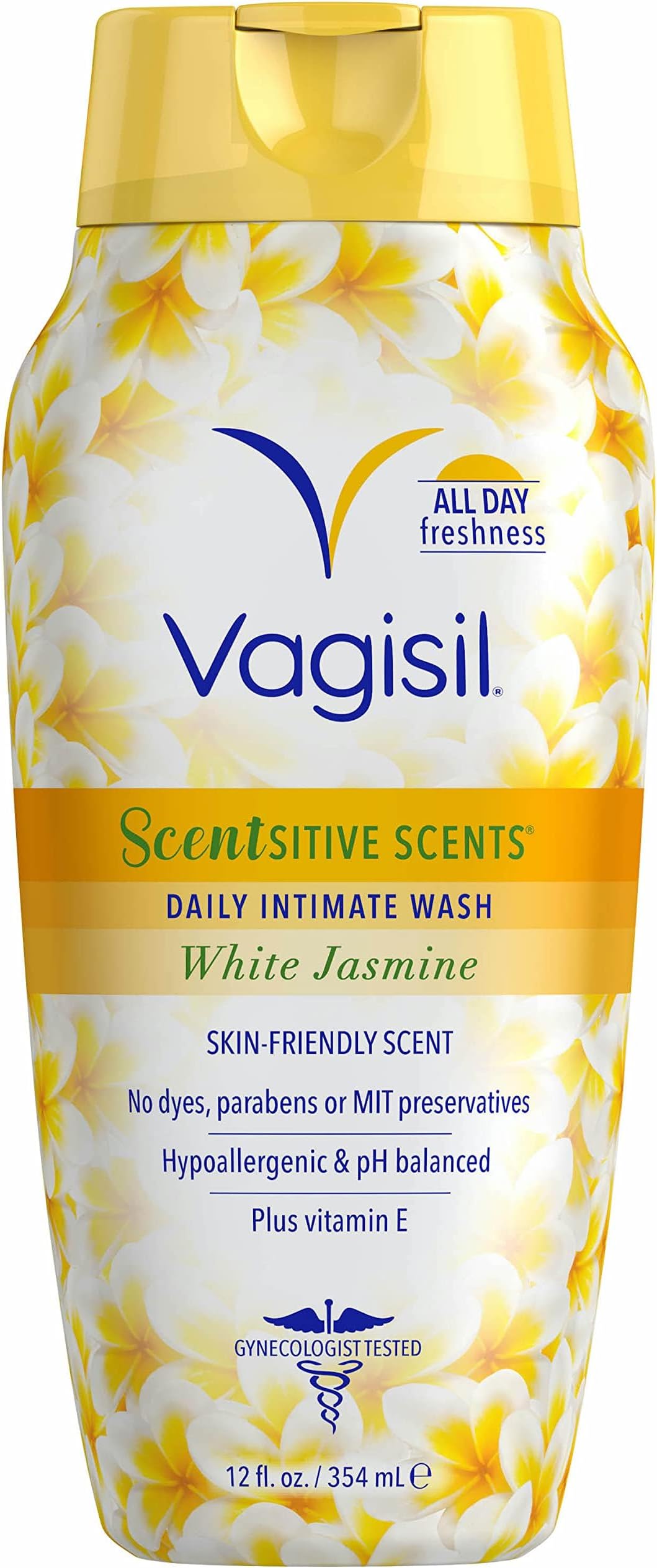 Vagisil Scentsitive Scents Daily Feminine Intimate Wash For Women, Plus Vitamin E, All-Day Freshness, Hypoallergenic, skin-friendly White Jasmine Scent, 354 ml