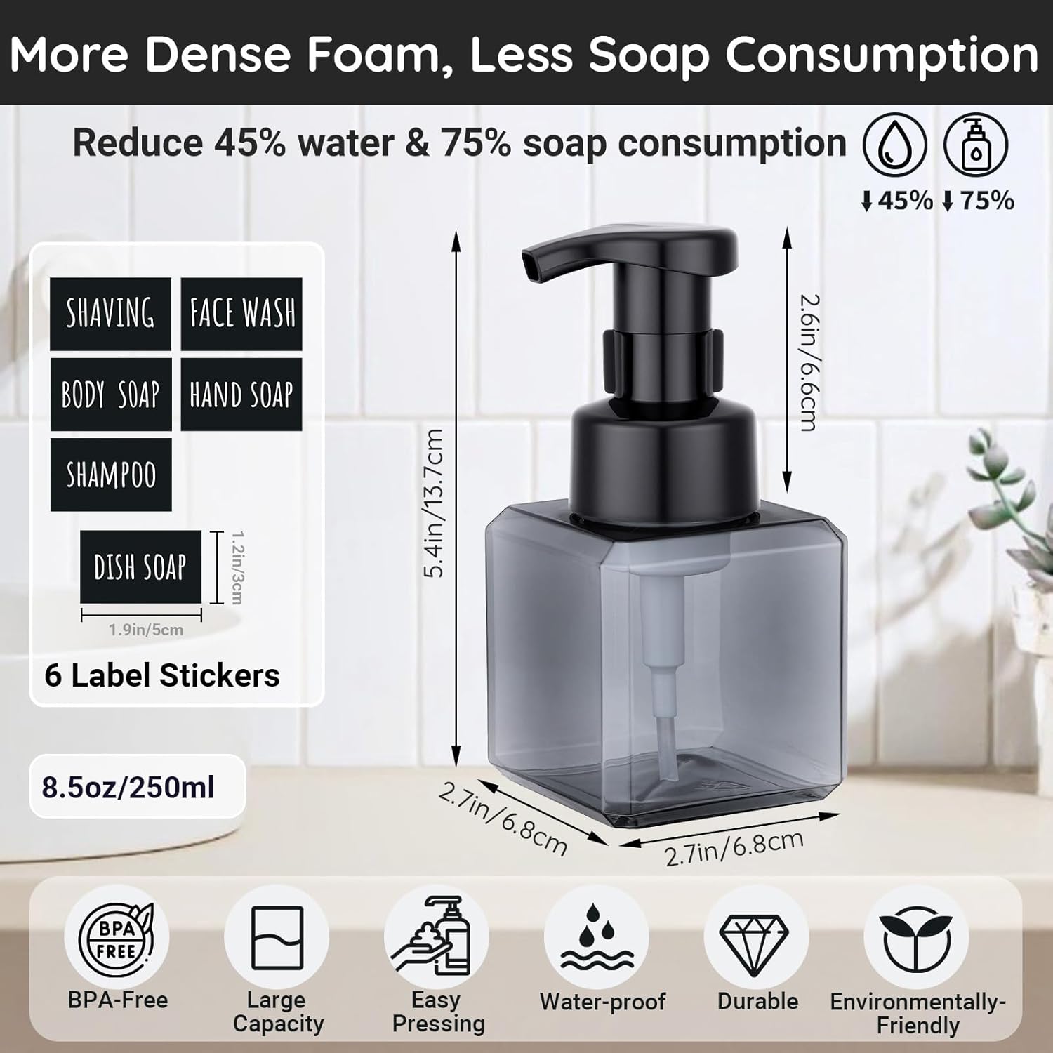 Segbeauty Square Foaming Soap Dispenser Bathroom, 2pcs 8.5oz Gray Foam Soap Dispenser for Kitchen Sink, 250ml Small Plastic Foam Bottle with Waterproof Labels, Foaming Bottle Set for Shampoo Face Wash - Image 2