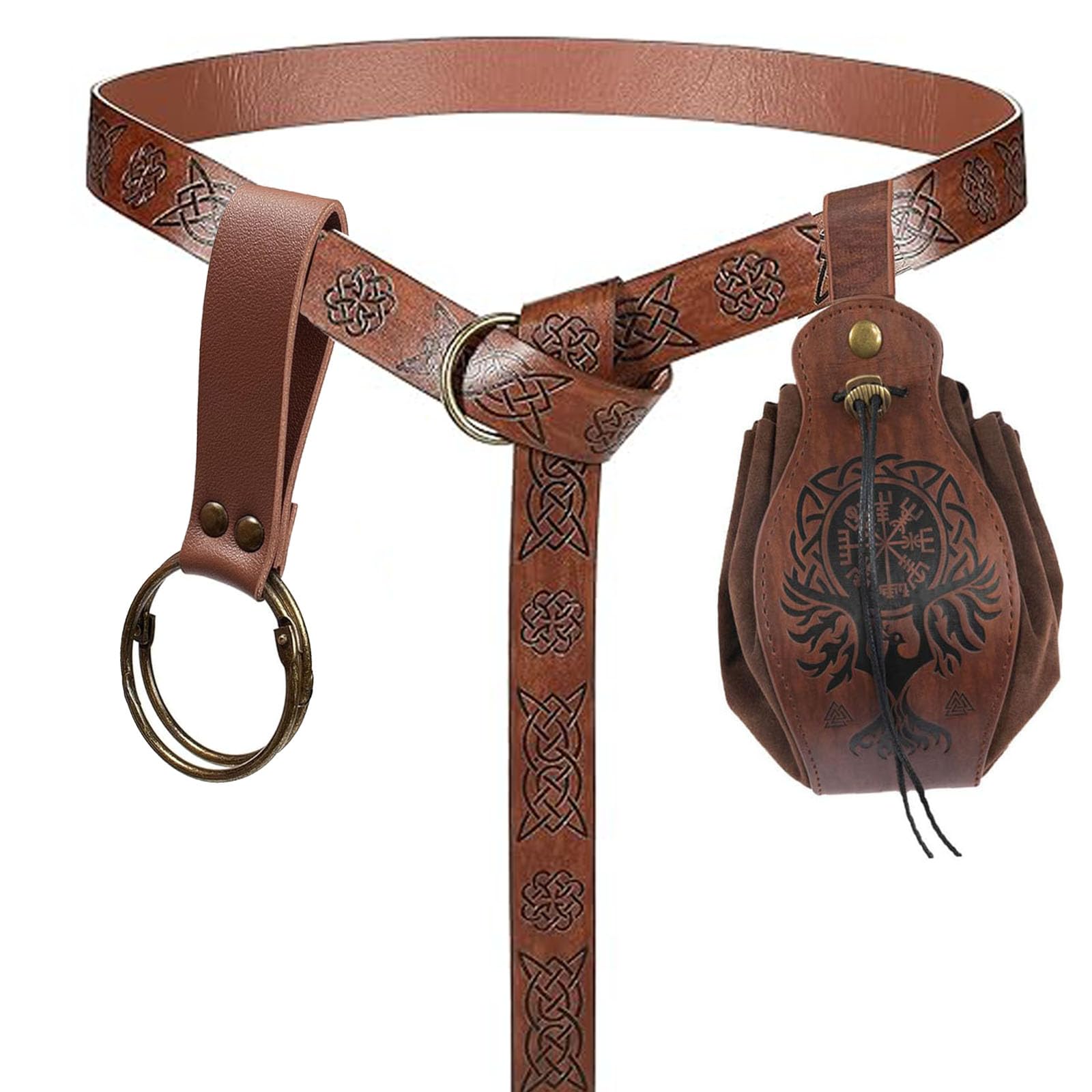 3 Pcs Halloween Renaissance Belt Pouch Coin Purse Phone Holder Skirt Hikes Medieval Viking Pirate Leather Belt Costume Sets (Phoenix-Brown)