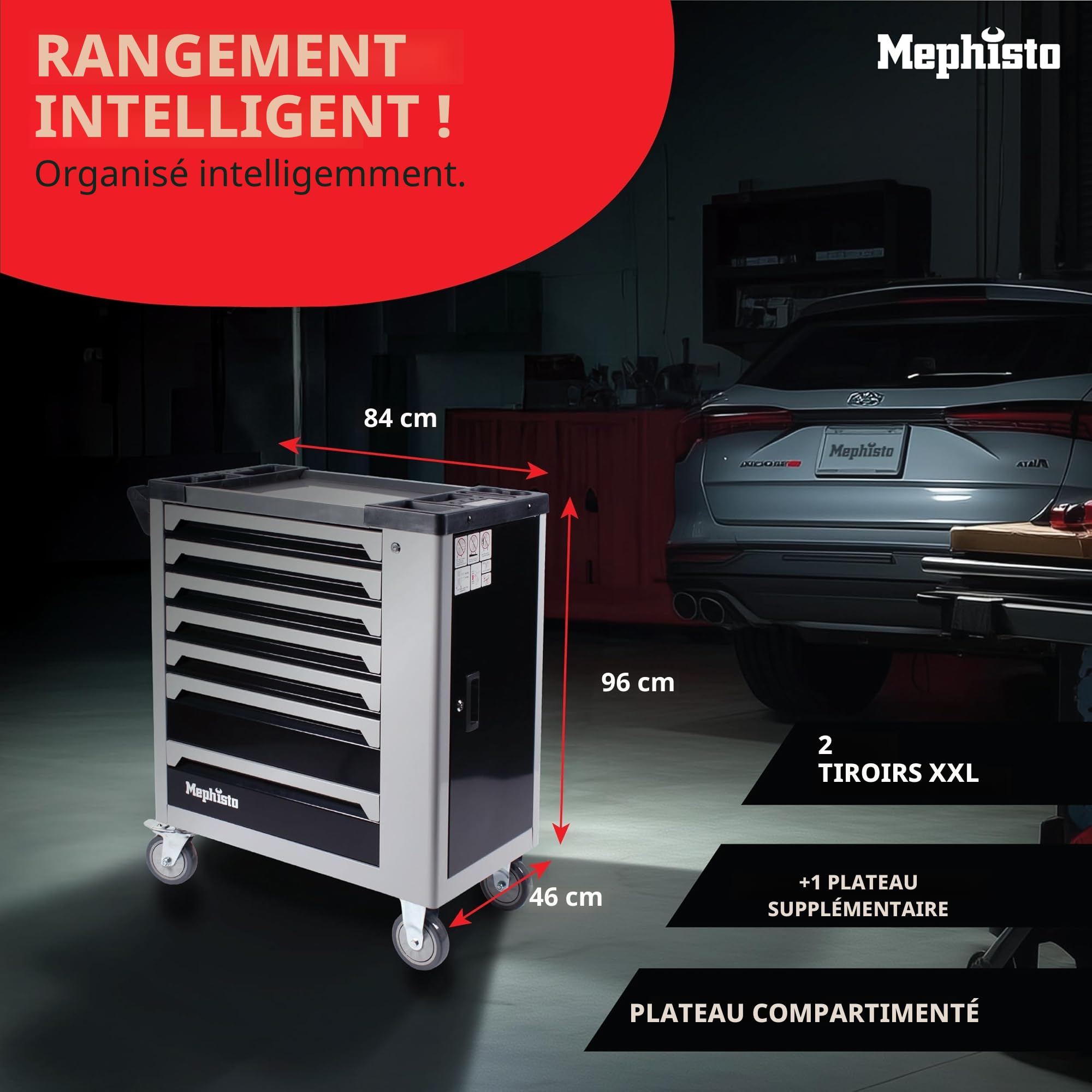 Mephisto XXL Wagon Outils Chariot Avec 7 Tiroirs Davon 7 Avec Outil En Soft Marqueterie En Carbon-Look Rempli Tiroirs Zzgl. Fixation supplémentaire avec Clé Réglable