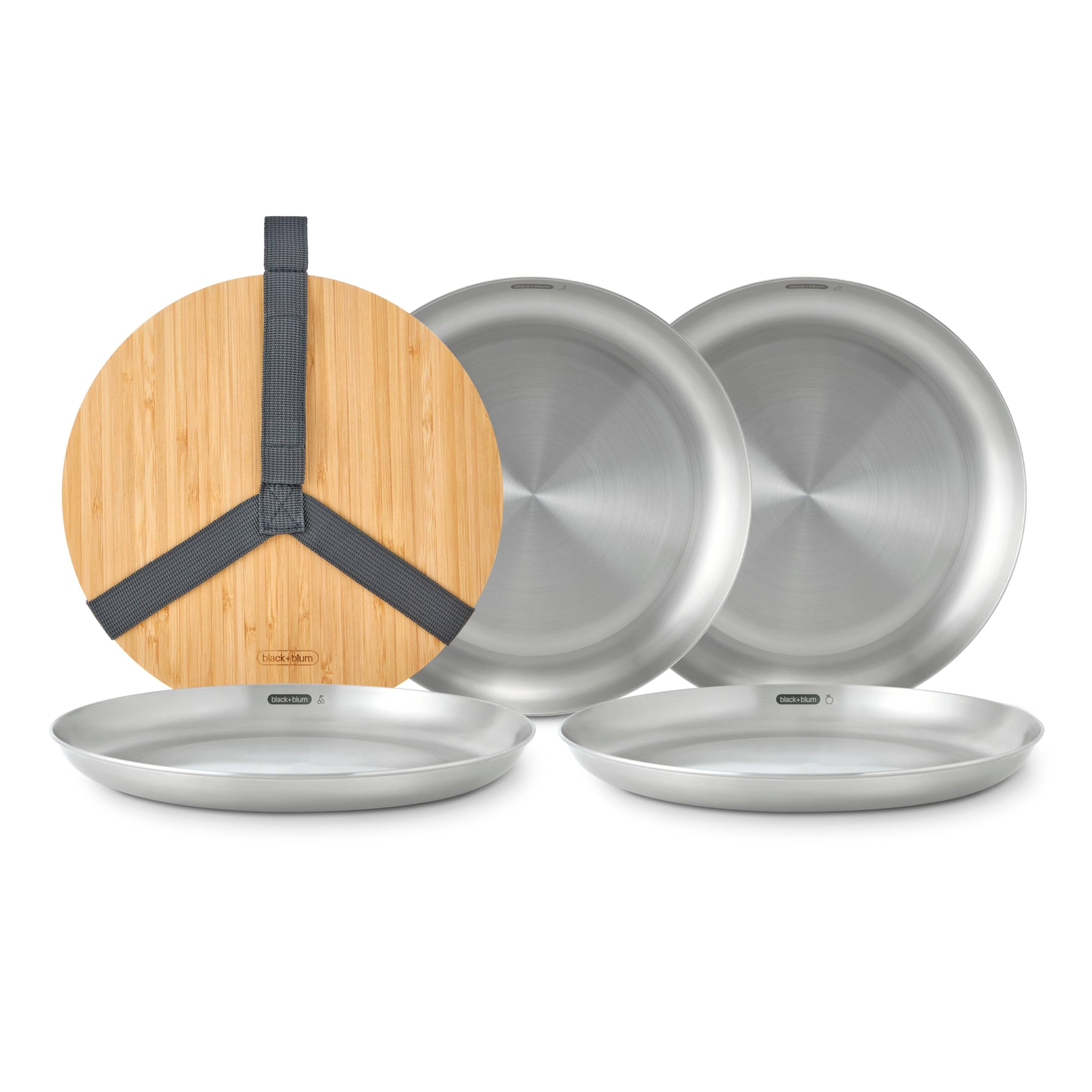 Black+Blum Lot de 4 assiettes de pique-nique en acier inoxydable avec couvercle en bambou et sangle de transport