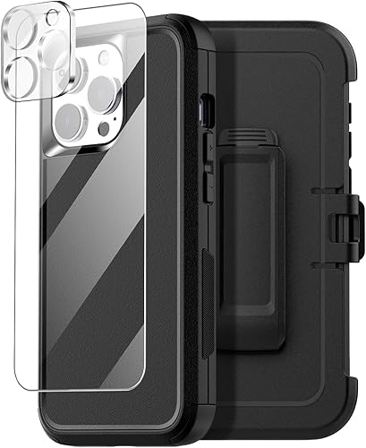AICase Funda para cinturón compatible con iPhone 15 Pro + protector de vidrio + lente de cámara, resistente de 3 capas de protección de grado