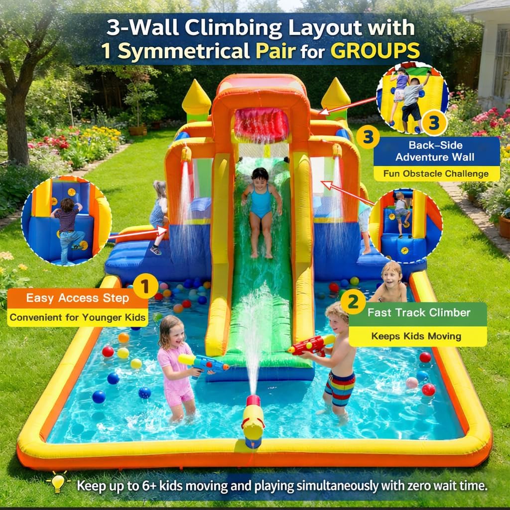 Umbalir 19x13FT Water Slide with 3 Climbing Walls, Jumbo Pool, Water Park with 2 Stair-Steps & Back Rock Wall, 2 Overhead Sprinklers & Water Cannon, 99" Long Slide, Multi-Kid Racing Bounce House