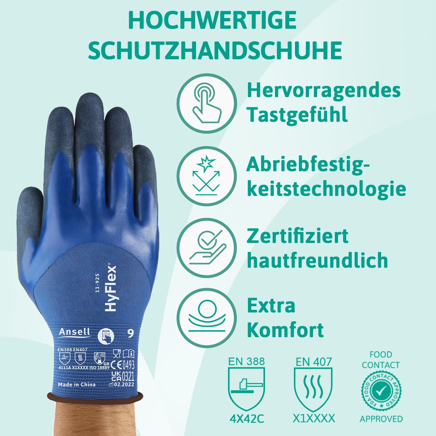 Ansell HyFlex 11-925 Ölabweisenden Arbeitshandschuhe, Rutschfeste Nitril-Beschichtung, Wasserdichte Schutzhandschuhe für Industrie und Mechanik, Dünne Montagehandschuhe, Blau, Größe L (12 Paar)