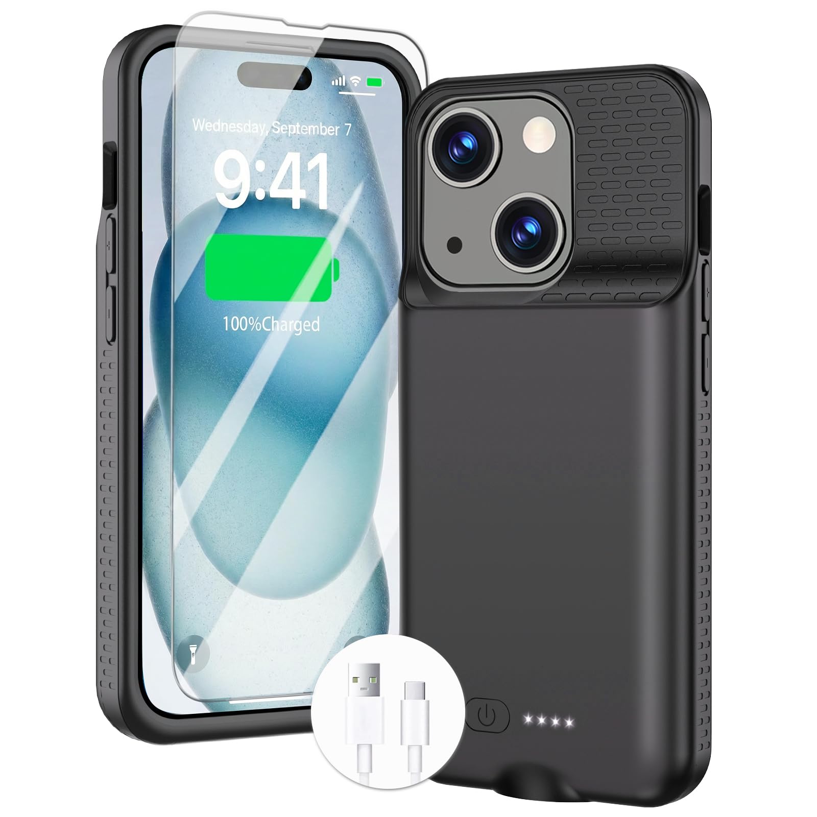 GIN FOXI Battery Case for iPhone 15 Pro/15, Rechargeable Case 15W Fast Charging Charger Real 7000mAh Ultra-Slim Anti-Fall Protection Extended Charger for iPhone 15 &15 Pro Black
