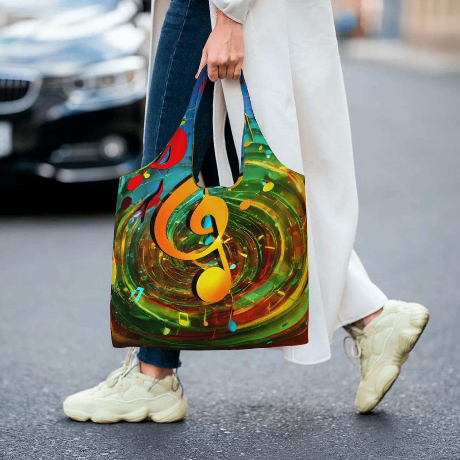 Music Note Print Extra-Large Canvas Tote Shoulder Bag Eco-Friendly For Shopping Beach Travel Daily Use image 3