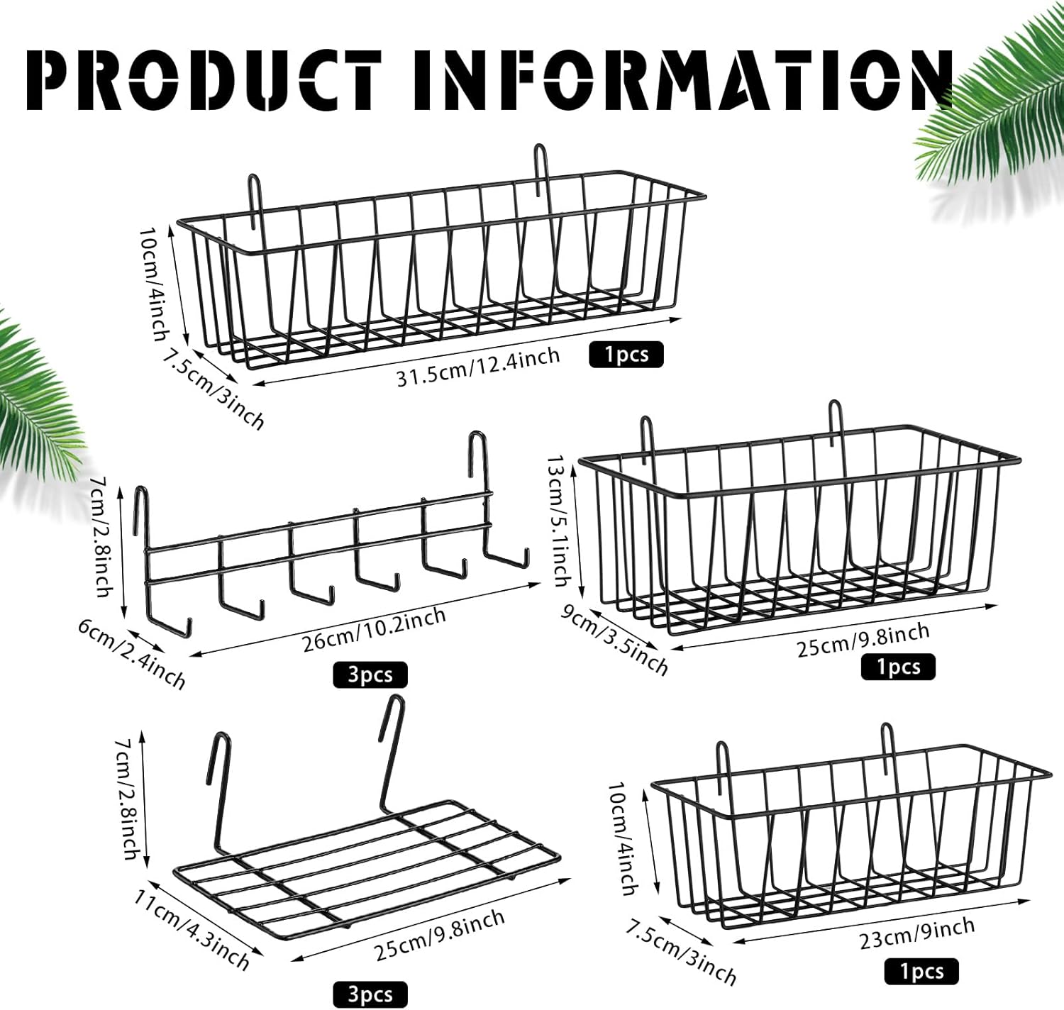 Fumete 9 Pcs Wall Grid Hanging Basket Shelf Hooks Set Includes 3 Basket 3 Wire Straight Shelf and 3 Hooks for Storage Display Organizer Grid Wall Accessories(Black)