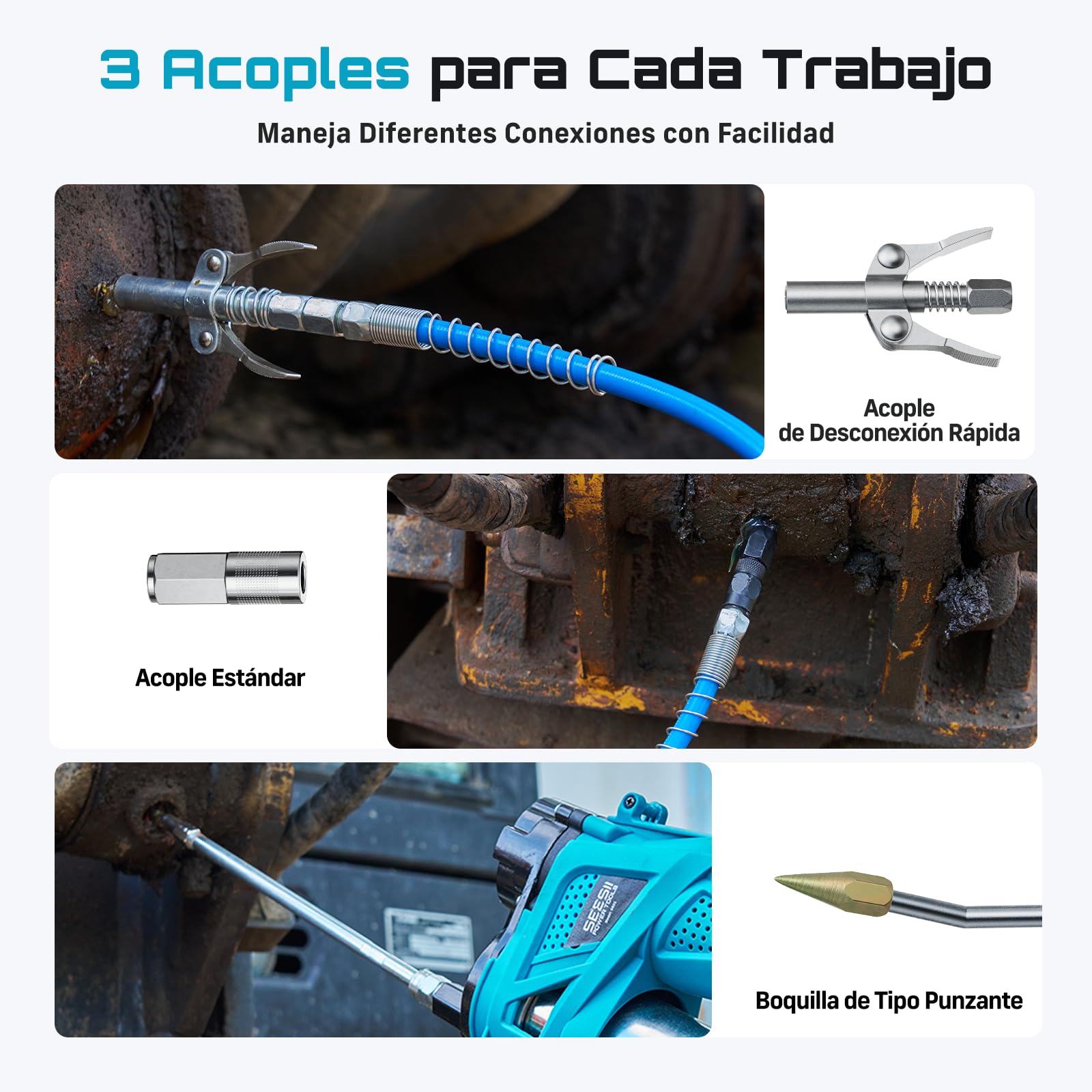 Seesii Engrasadora Batería Kit: 10 000 PSI y 4,6 oz/min, Pistola de Engrasar Eléctrica con 2 Baterías, Manguera de 39,4", Acoplador de 90° y 3 Puntas para un Engrase más Rápido y sin Esfuerzo