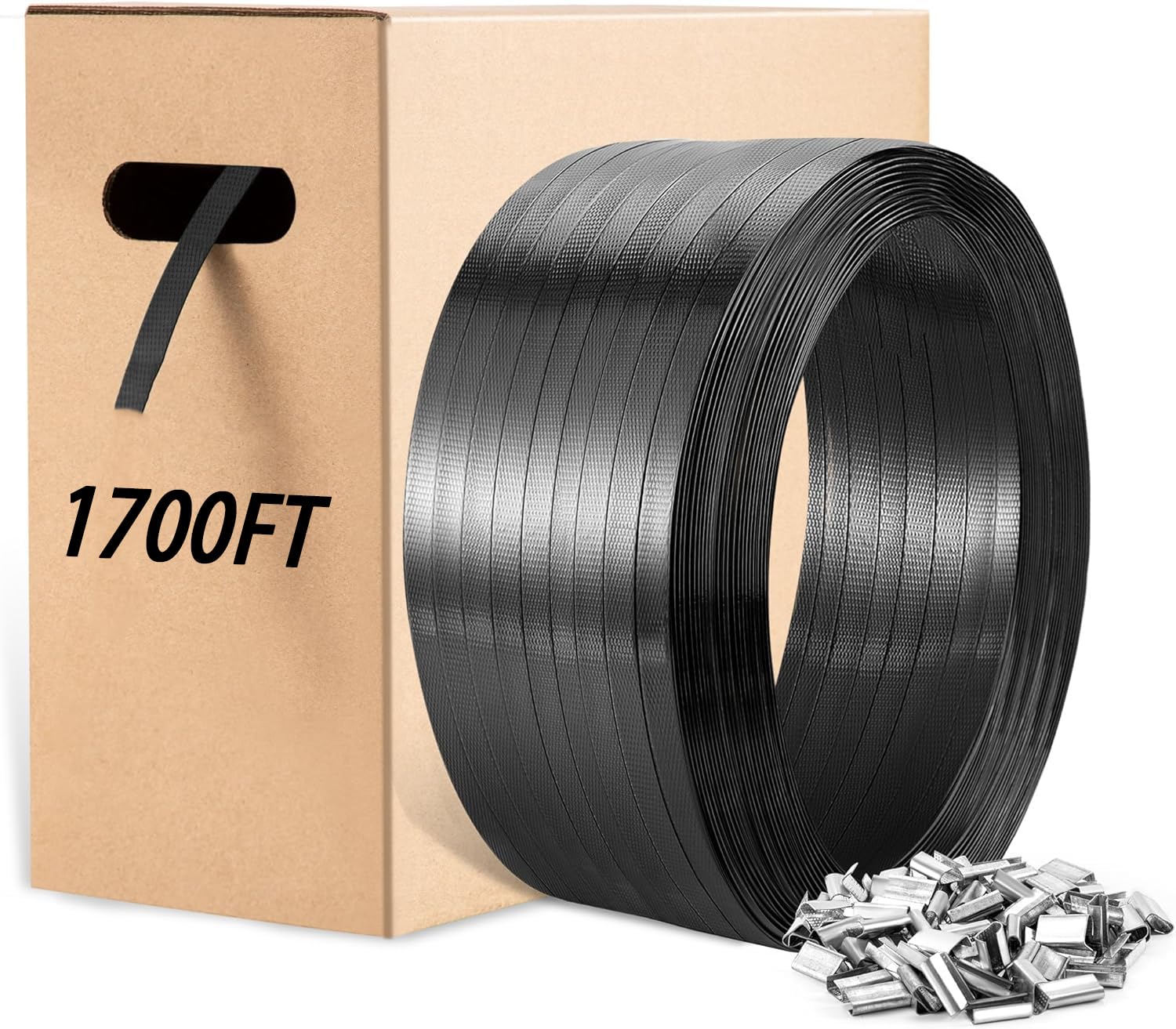 Rollo de flejado resistente, kit de correas de poliéster (PET), 16 mm x 520 m, correa de banda de paleta con 100 sellos de acero con kit de caja autodispensante
