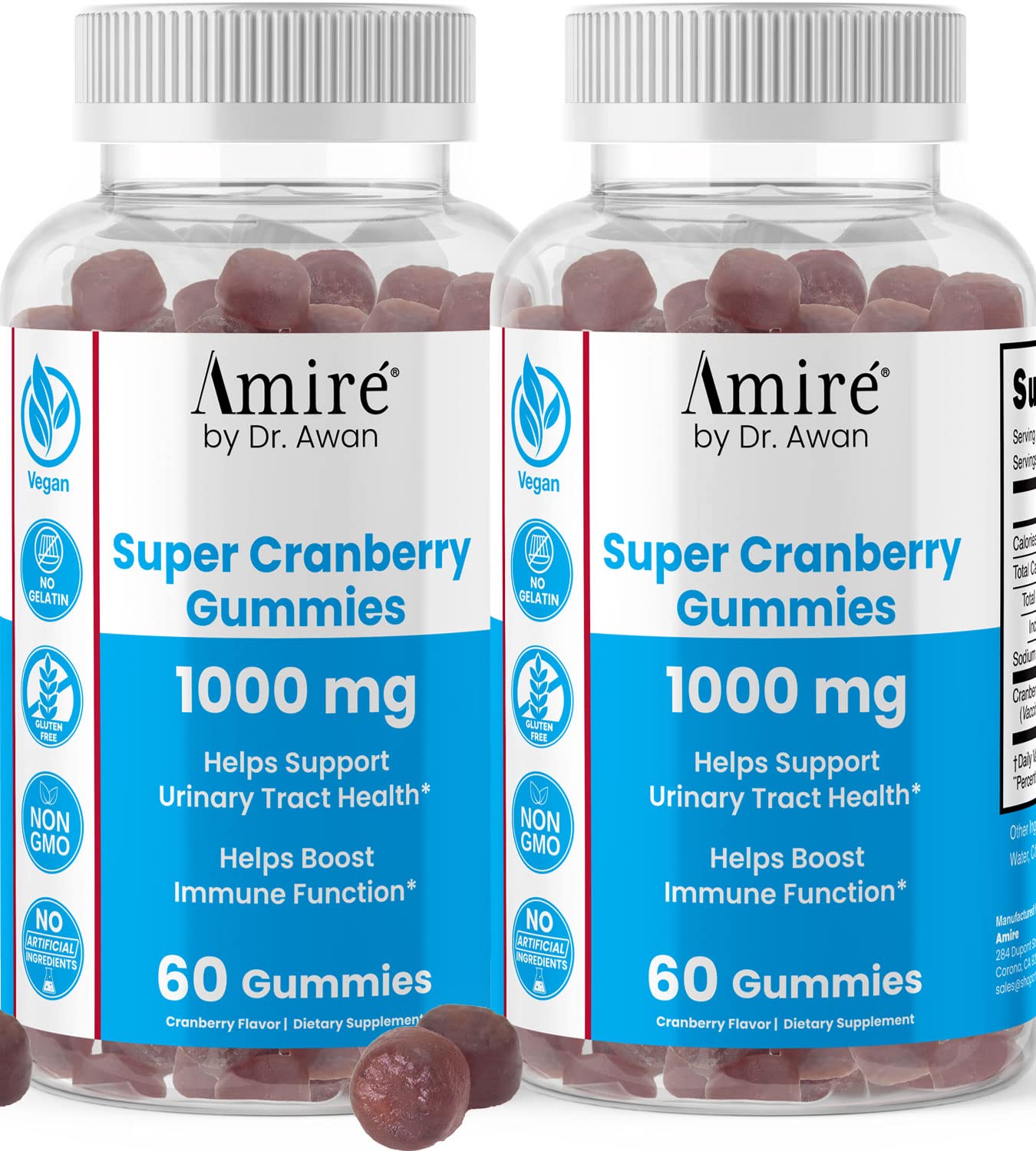 Amire Gomas de cranberry com extrato de cranberry, vitamina C e D-manose, 1000 mg, 120 gomas