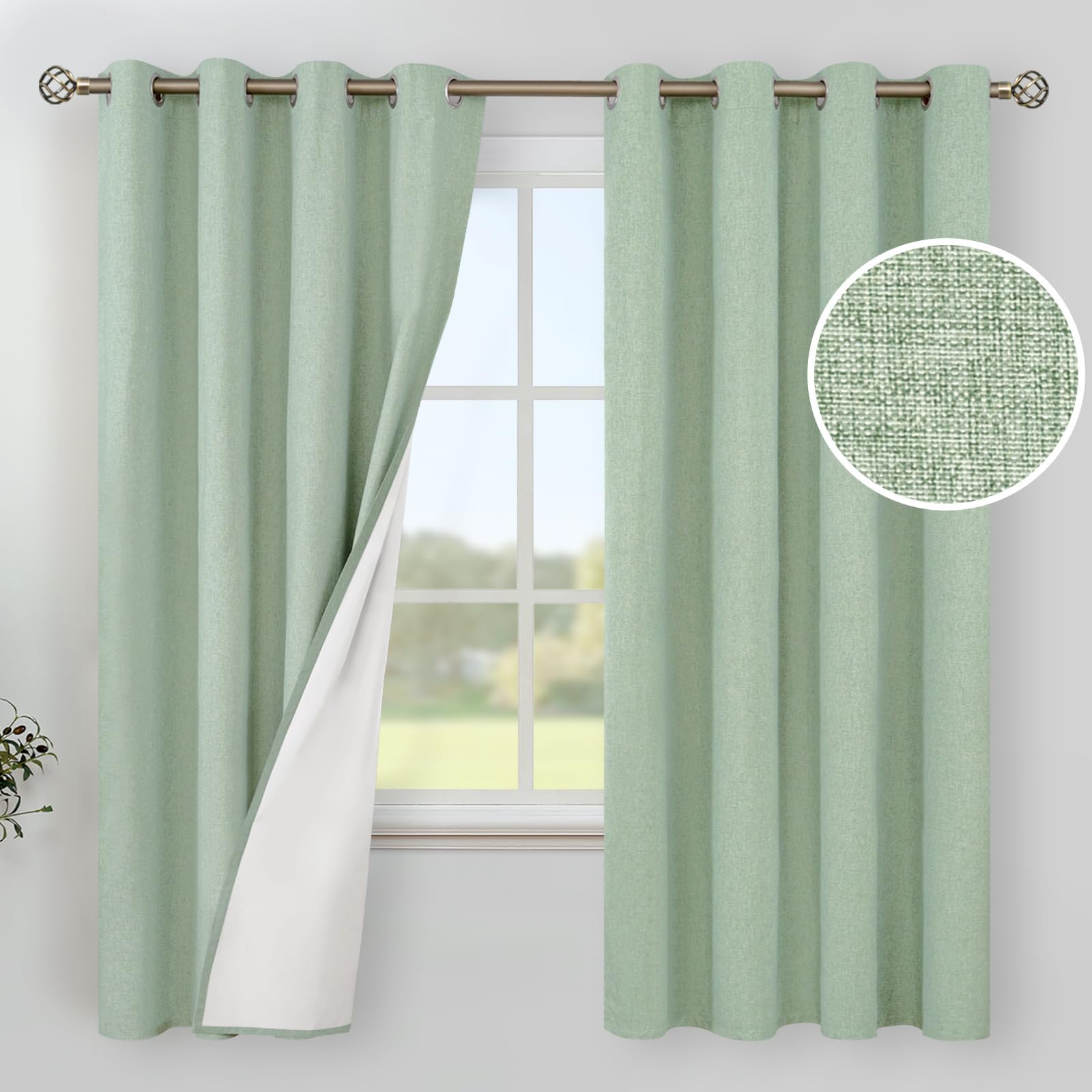 YoungsTex Light Green Linen Blackout Curtains for Bedroom 63 Inches Long - Thermal Insulated Drapes with Grommet Room Darkening Boho Spring Decor for Living Room Window, 2 Panels, 52 X 63 Inch