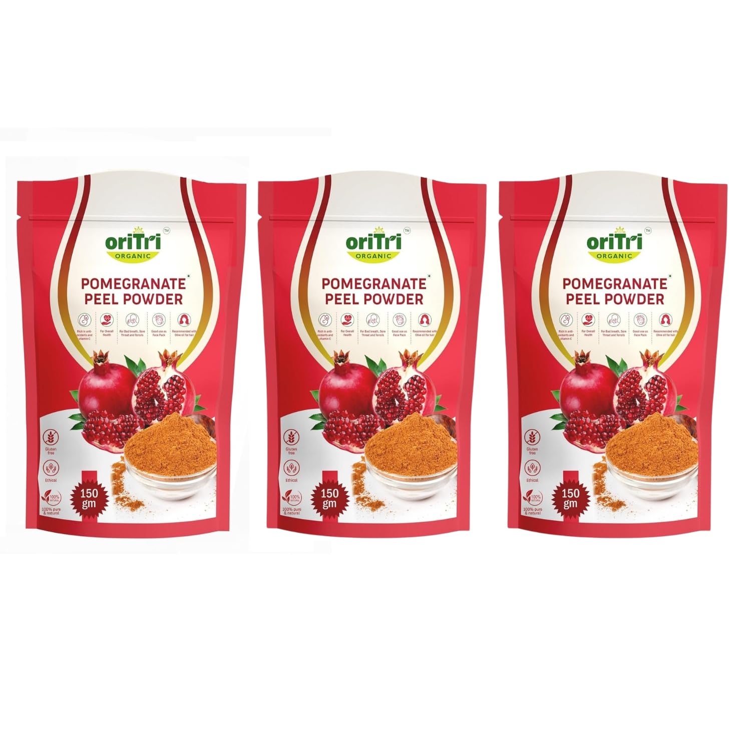 Pomegranate Peel Powder 150 Grams Rich in Antioxidants, For Skin Brightening, Acne & Hair Fall Care, Supports Immunity & Diabetes Management (Pack of 3)