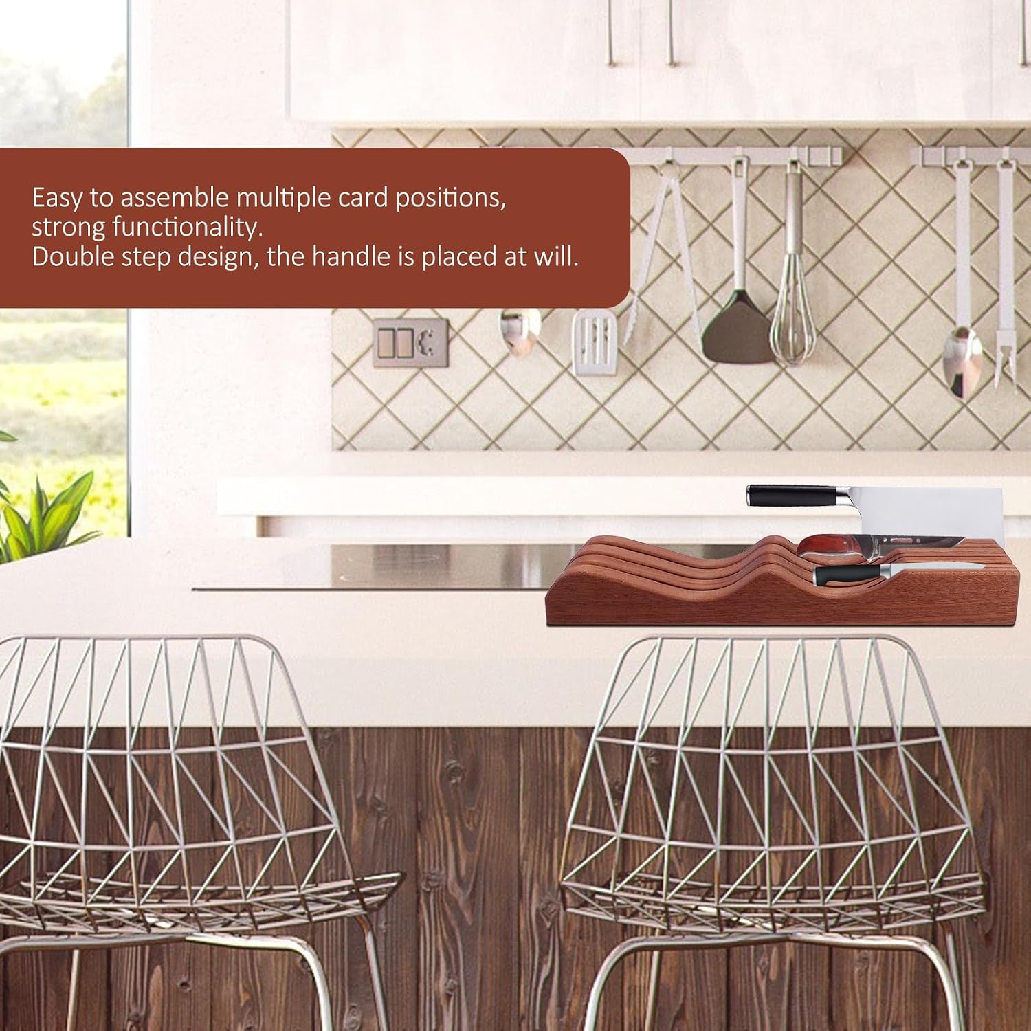 Retro Wood Knife Block with Divided Slots for Kitchen Counter
