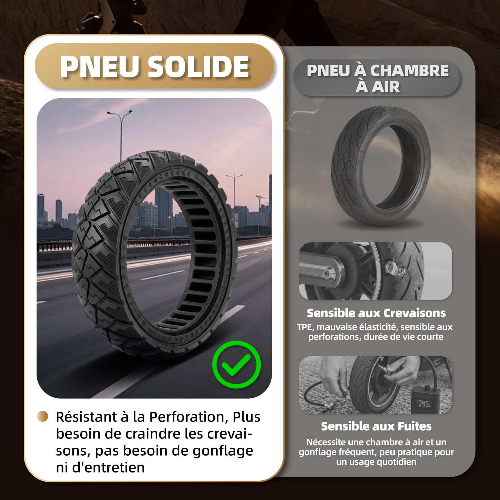 Lot de 2 pneu pleins 70/60-7,5 pour Segway Ninebot ZT3 / ZT3 Pro - 11" - Pneus avant/arrière en caoutchouc plein Honeycomb Solid