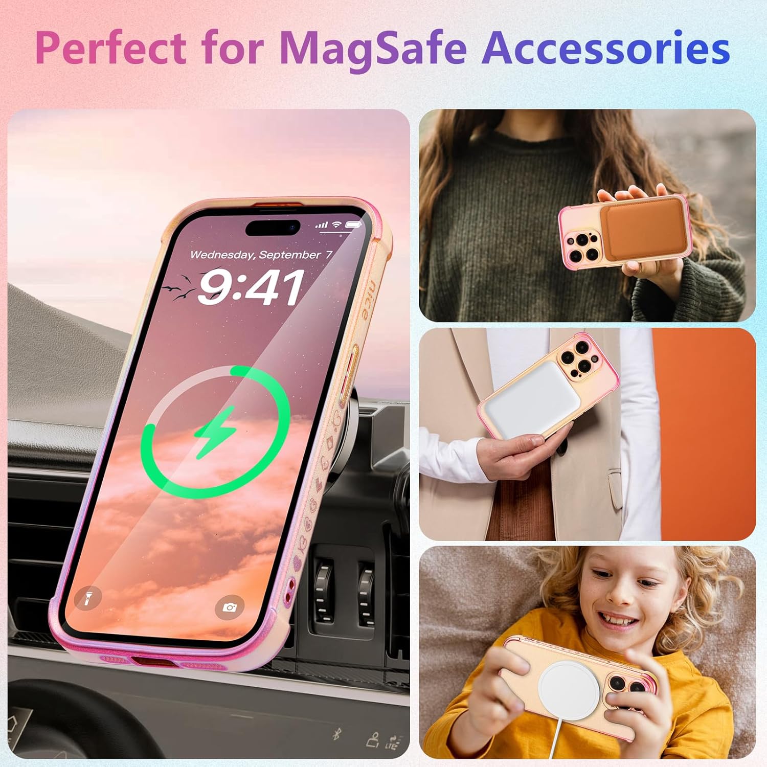 ZTOFERA Magnetic Case for iPhone 14 Pro Case 6.1",Cute Luxruy Iridescent Case with Love Hearts Pattern, Plating Edge Camera Lens Protection Shockproof Phone Case for Women Girls,Pink - Image 4