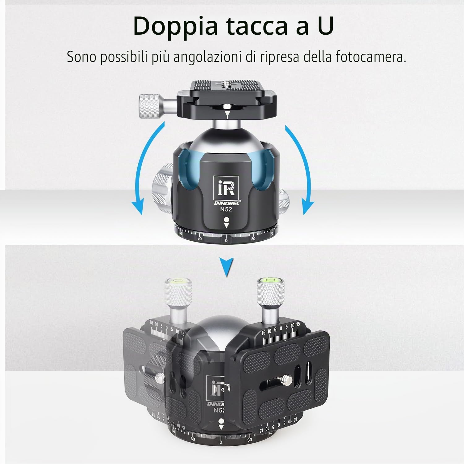 INNOREL N52 Treppiede a sfera a basso profilo con testa a sfera panoramica CNC in metallo con due piastre a sgancio rapido Arca Swiss per treppiede, monopiede DSLR videocamera carico massimo 30kg