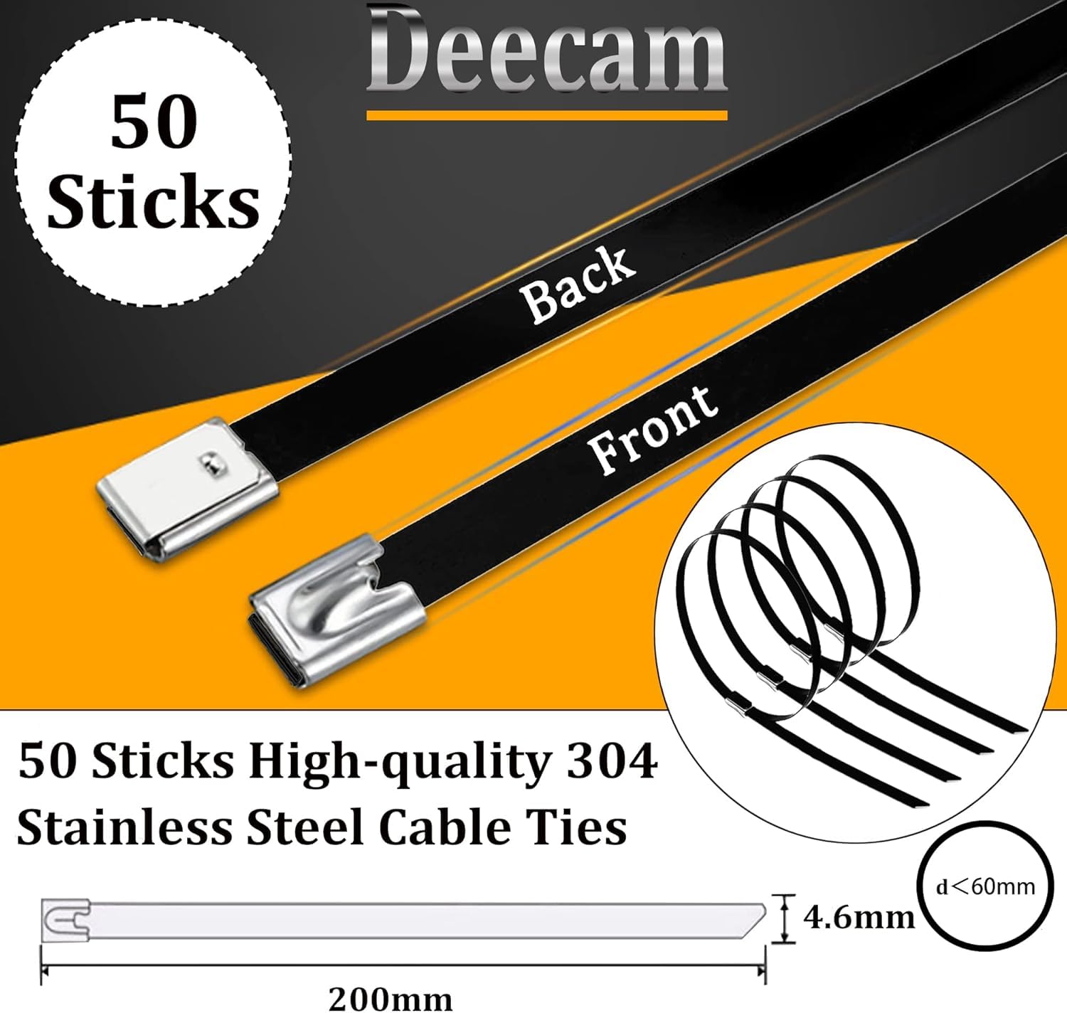 Black Stainless Steel Cable Ties, Deecam 50 Pcs 4.6×300mm Metal Cable Tie, 304 Stainless Zip Ties with Steel Ball Stopper - Image 2