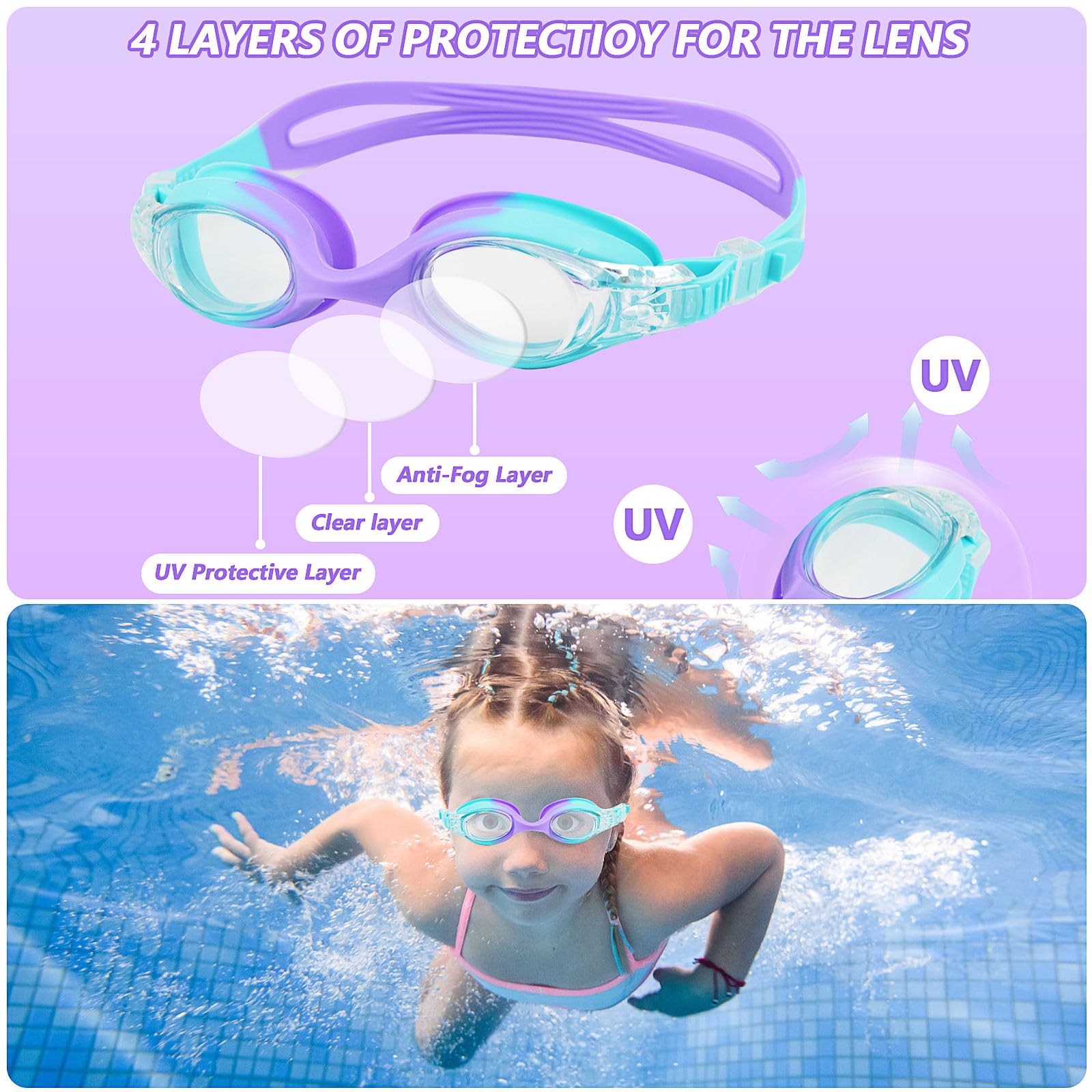Mezere Kids Swimming Goggles Kids 6-14 Anti Fog Swim Goggles UV Resist No Leaking Girls Swimming Goggles for Childrens Swim Glasses - Image 2
