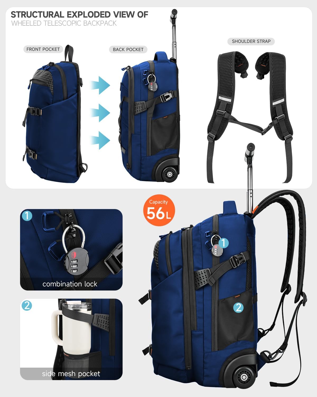 2-in-1 Detachable Rolling Backpack,56L Large Travel Backpack with Wheels-Splits into Daypack & Laptop Backpack Fits 17 Inch Laptop,Water-Resistant & Carry-On Friendly for College, Work & Travel Blue