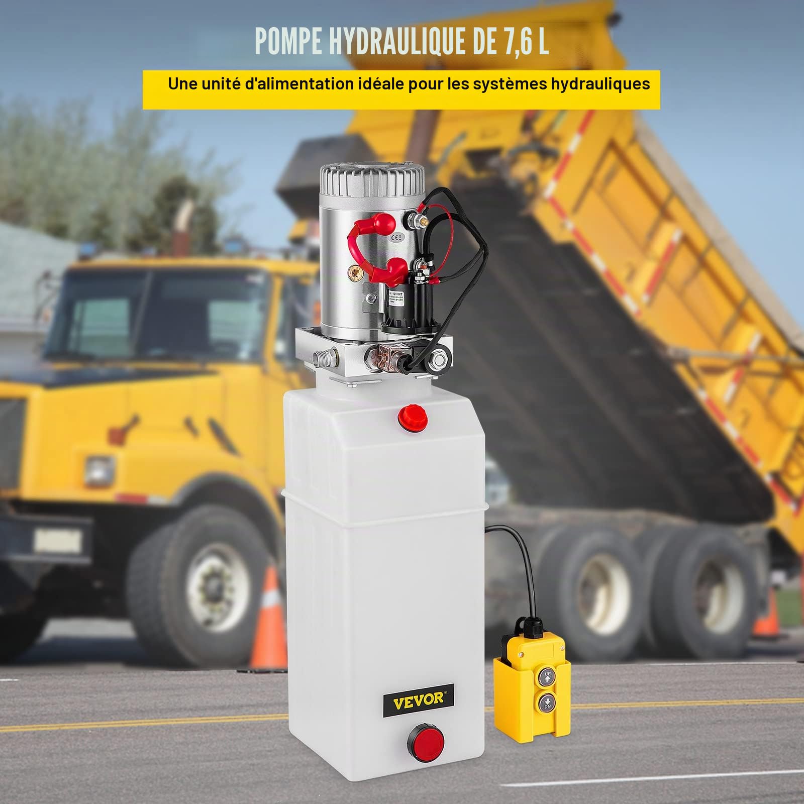 VEVOR Pompe Hydraulique 12 V 8 L, Pompe Hydraulique Remorque Simple Effet Réservoir Plastique, Démarrage Rapide Débit d'Huile Rapide Aucune Fuite, Remorque Élévateur à Ciseaux