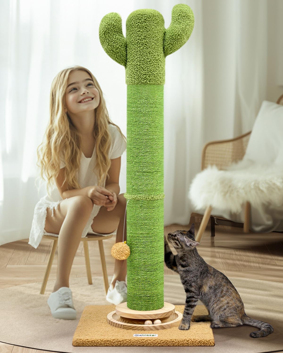 Globlazer Palo Tiragraffi Cactus Verde XXL, Colonne Tiragraffi Grandi Alto 94cm con Trackball Legno Peluche Giocattoli Stabil Base 11CM Palo Tiragraffi Sisal per Gatti Giocare Graffiare (SC37, Verde)