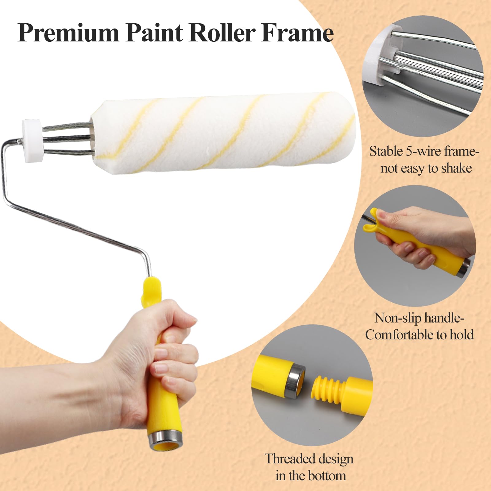 Kit de rodillos de pintura con barra de extensión de 9 pulgadas, marco de rodillo de poliéster, película protectora, herramienta de pintura versátil para todas las superficies y pinturas