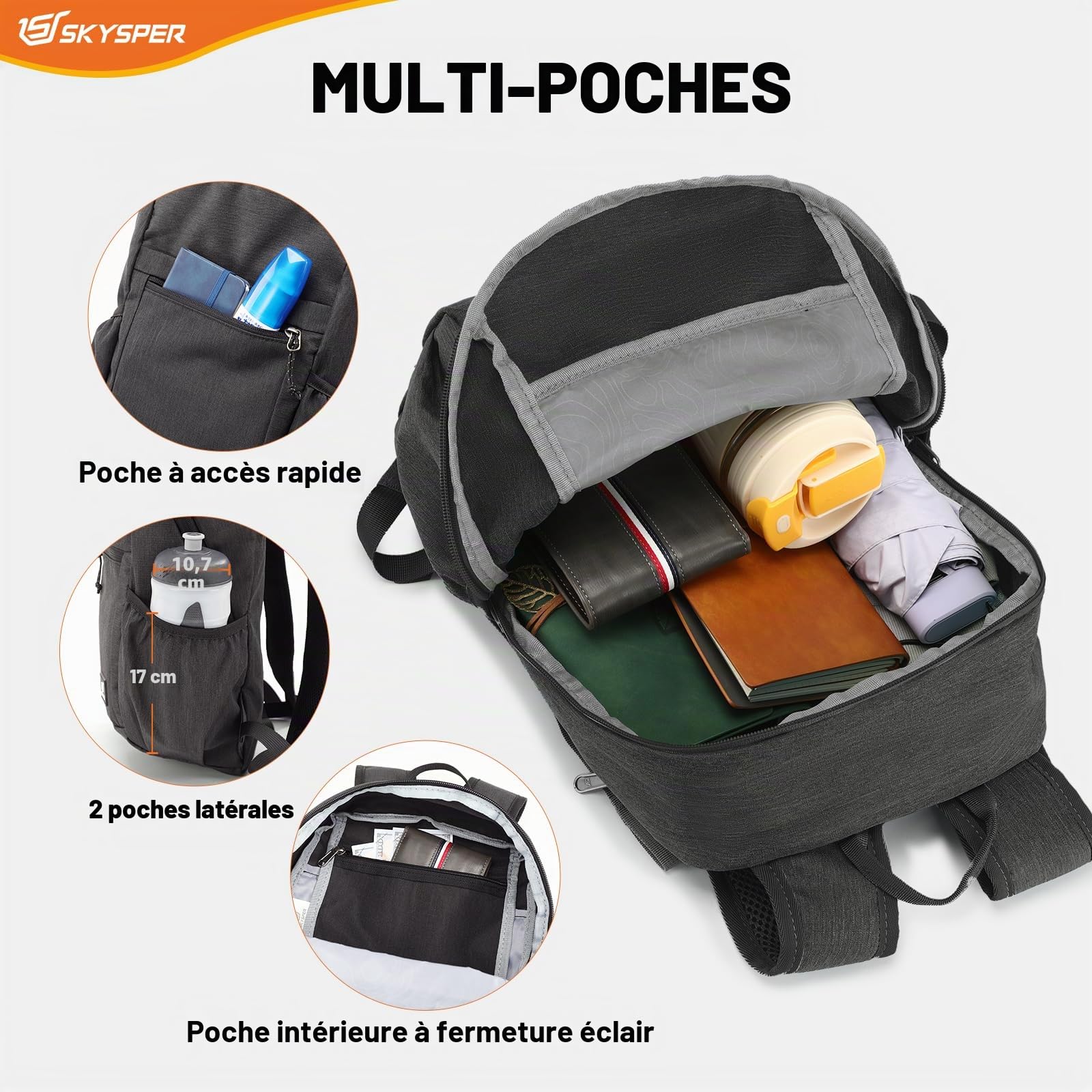 SKYSPER Sac à Dos Pliable Avec Protection RFID, 18L Sacs a Dos Randonnée Ultra Léger pour Homme Femme pour Randonnée Voyage Sport Vélo