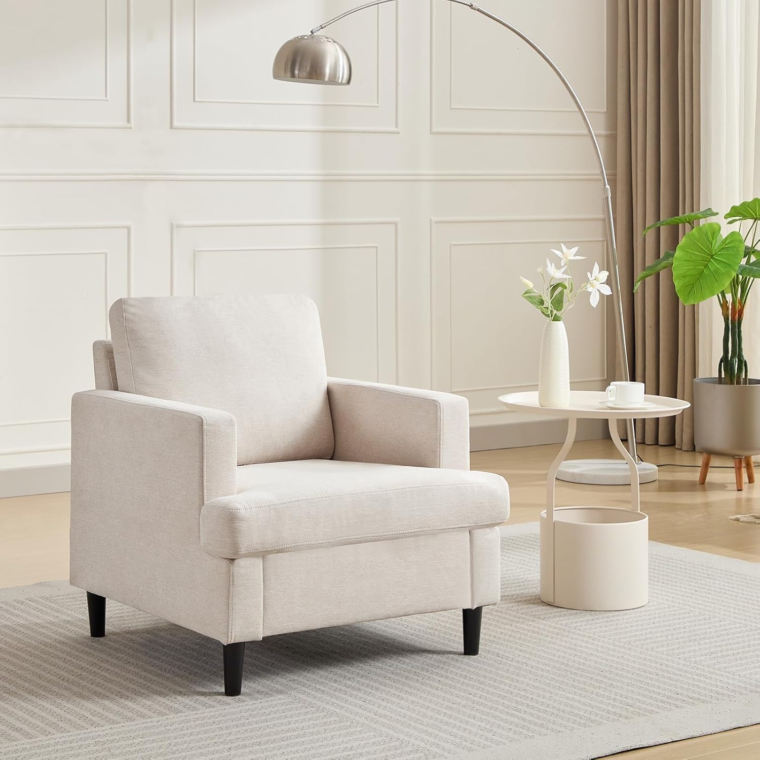 Sillón de sala de estar, sillas modernas de mediados de siglo, cómodas tapizadas de tela de lino, silla individual, silla de lectura para dormitorio con patas de madera maciza (76D * 86S