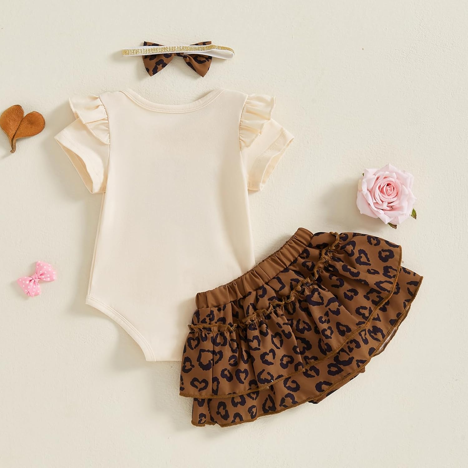 Aunties Bestie Baby Clothes Girl Aunt Saying Letter Ruffle Romper Shirt+Leopard Bloomer Short Headband Summer Outfit - Image 3