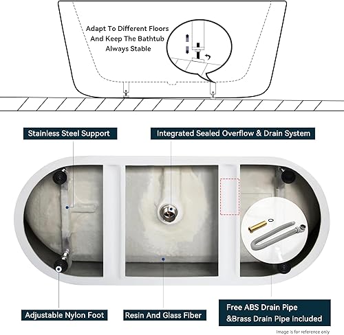 Miniatura 6 de FerdY 59" Bañera de acrílico independiente Bali Elite, bañera independiente de inmersión con forma elegante, certificada cUPC, desagüe negro Toe-Tap
