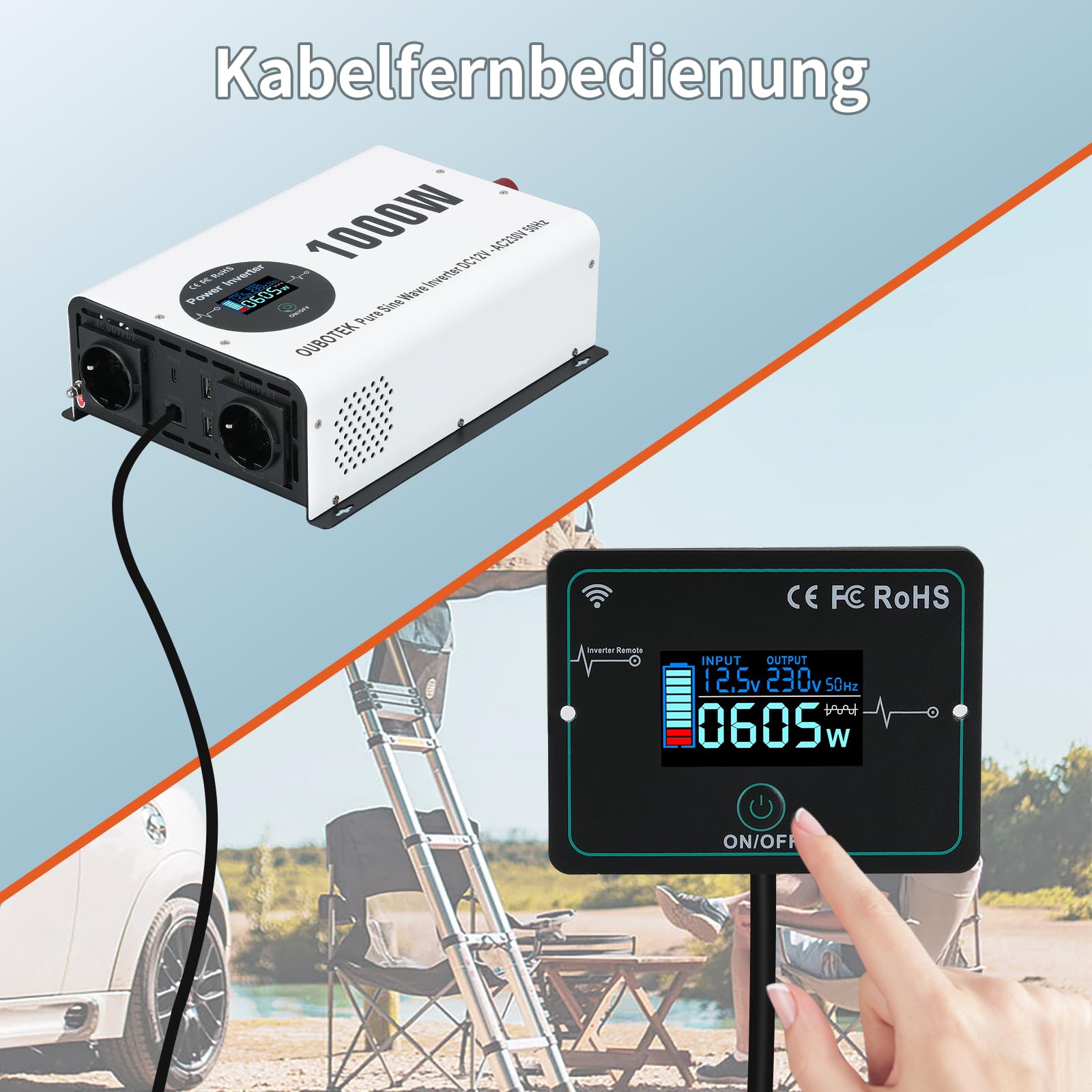 Wechselrichter 1000W / 2000W Reiner Sinus DC 12V auf AC 230V mit Drahtloser Fernbedienung LCD-Anzeige 2 AC-Steckdosen 2 USB A und 1 Type C, spannungswandler für Wohnmobil Zuhause Off Grid