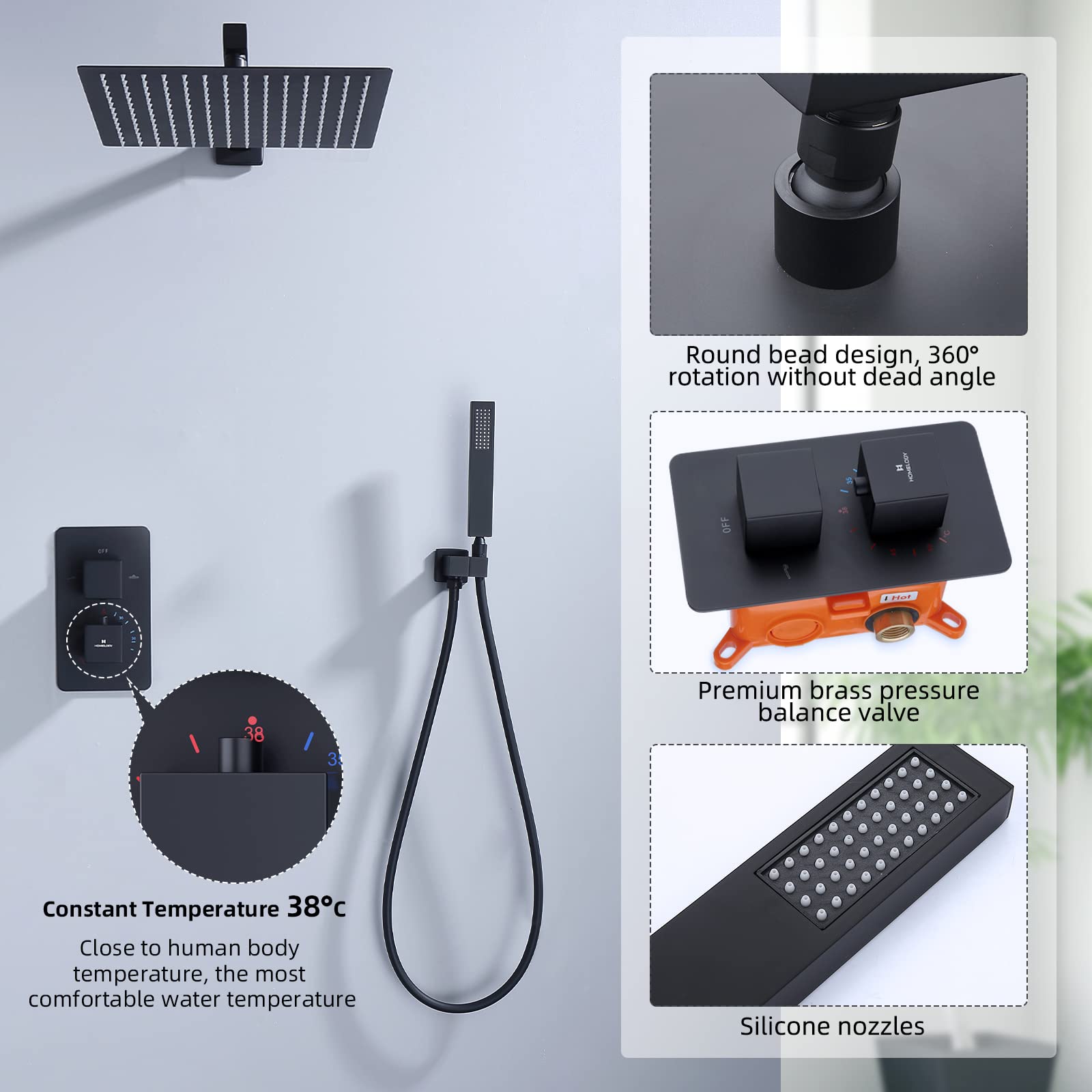HOMELODY Encastré Ensemble de Douche Noir Système, Ensemble Douche Thermostatique 38°C, Pomme de Tête 12 Pouces, Pack de Douche Encastrée y Compris Douchette, Corps en Laiton
