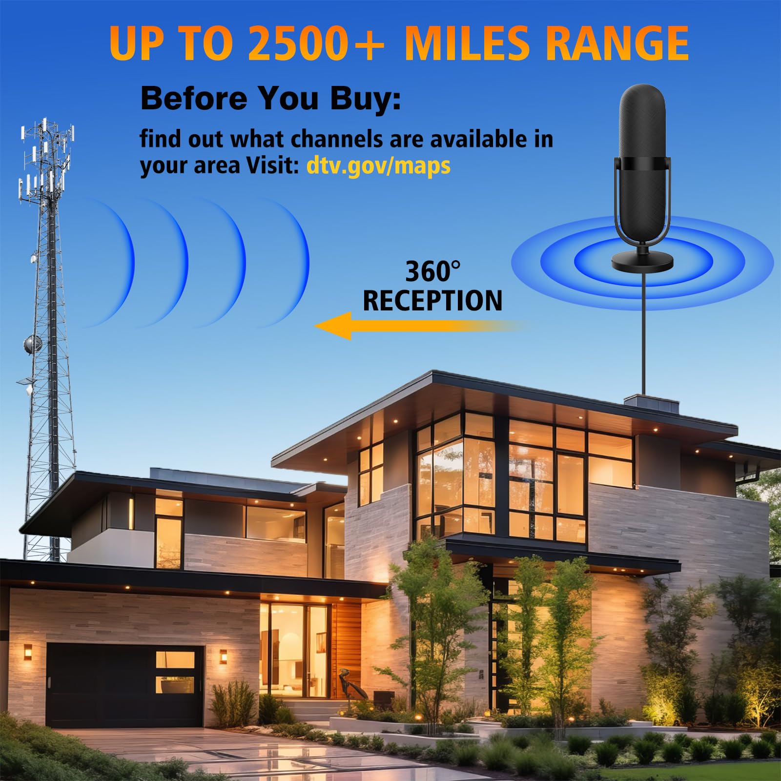 Antenna TV per interni 2026, antenna TV per Smart con ricezione del segnale a 360°, antenna digitale per interni fino a 2500 miglia, supporto per televisori 8K 4K 1080p, cavo coassiale da 7,6 m