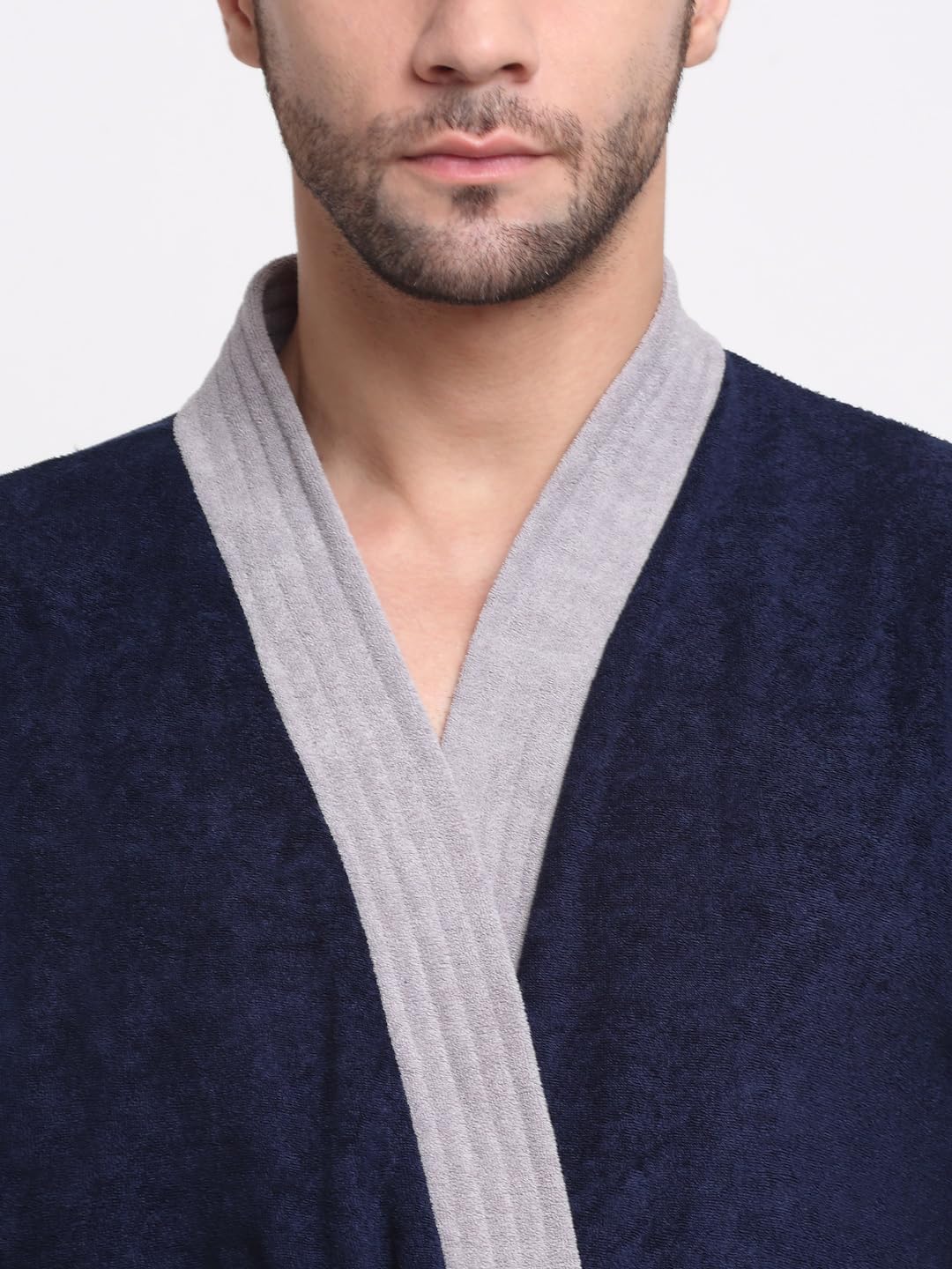 CREEVA Everyday Unisex Micro Terry Bathrobe Collection With kimono collar and 1 Pocket, 3/4 Sleeve Bath Robe Super Soft Light Weight - Navy & Grey - Image 6 thumbnail