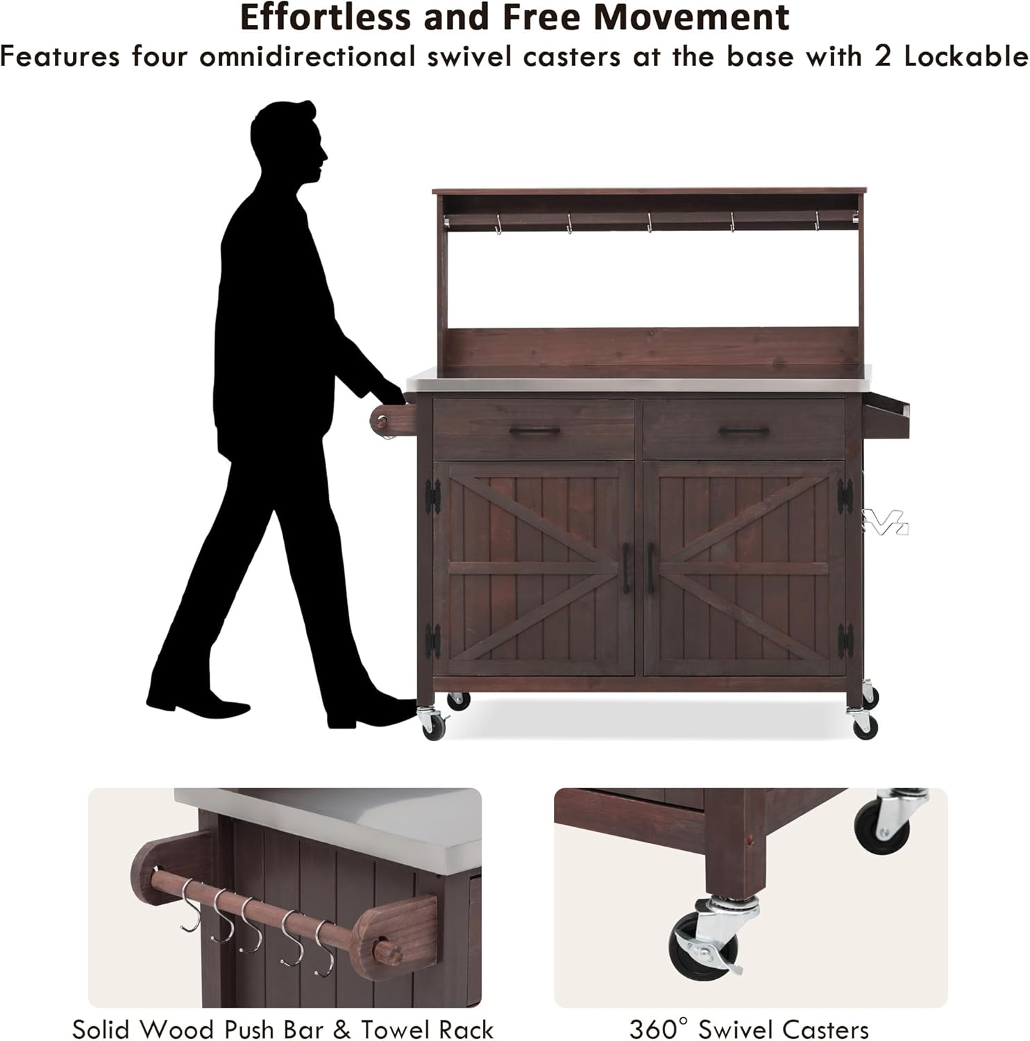 Wood Potting Bench Table with Stainless Steel Top 54’’ Rolling Grill Cart Outdoor Patio Kitchen Island Bar Storage Cabinet Garden Work Station on Lockable Wheels, Brown