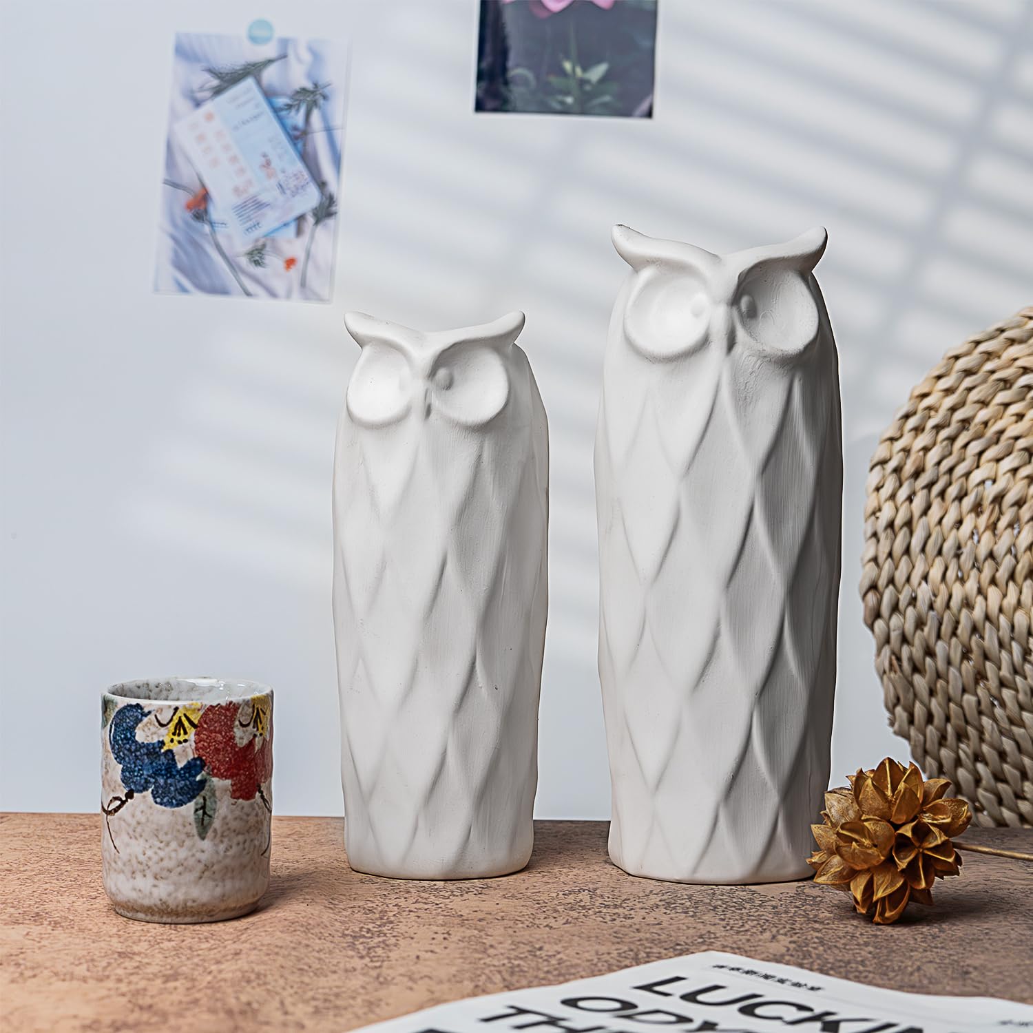 Set di 2 vasi in ceramica a forma di gufo, per soggiorno, camera da letto, 24 cm e 21 cm, moderni vasi bianchi per piante di fiori finti per decorazione della casa, ufficio, tavolo, mensola