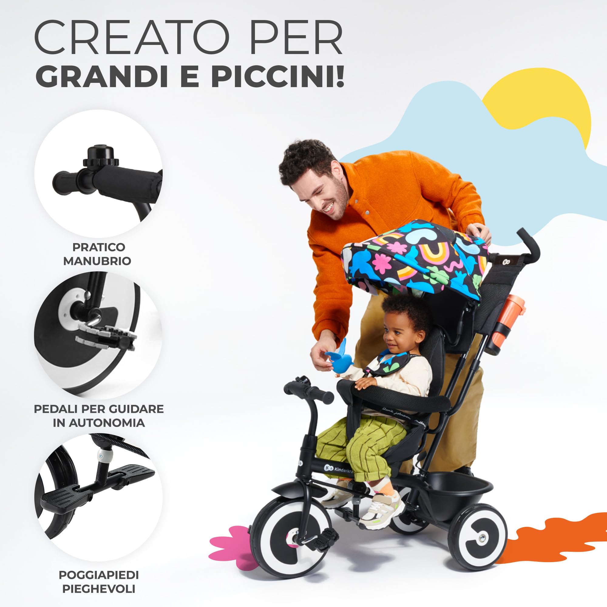 Kinderkraft ASTON Triciclo bambini dai 9 Mesi fino 25 kg, Passeggino con Maniglione regolabile, Bici, Sedile girevole Fronte Mamma e Strada, Cappottina pieghevole, Ruota libera, Happy Shapes