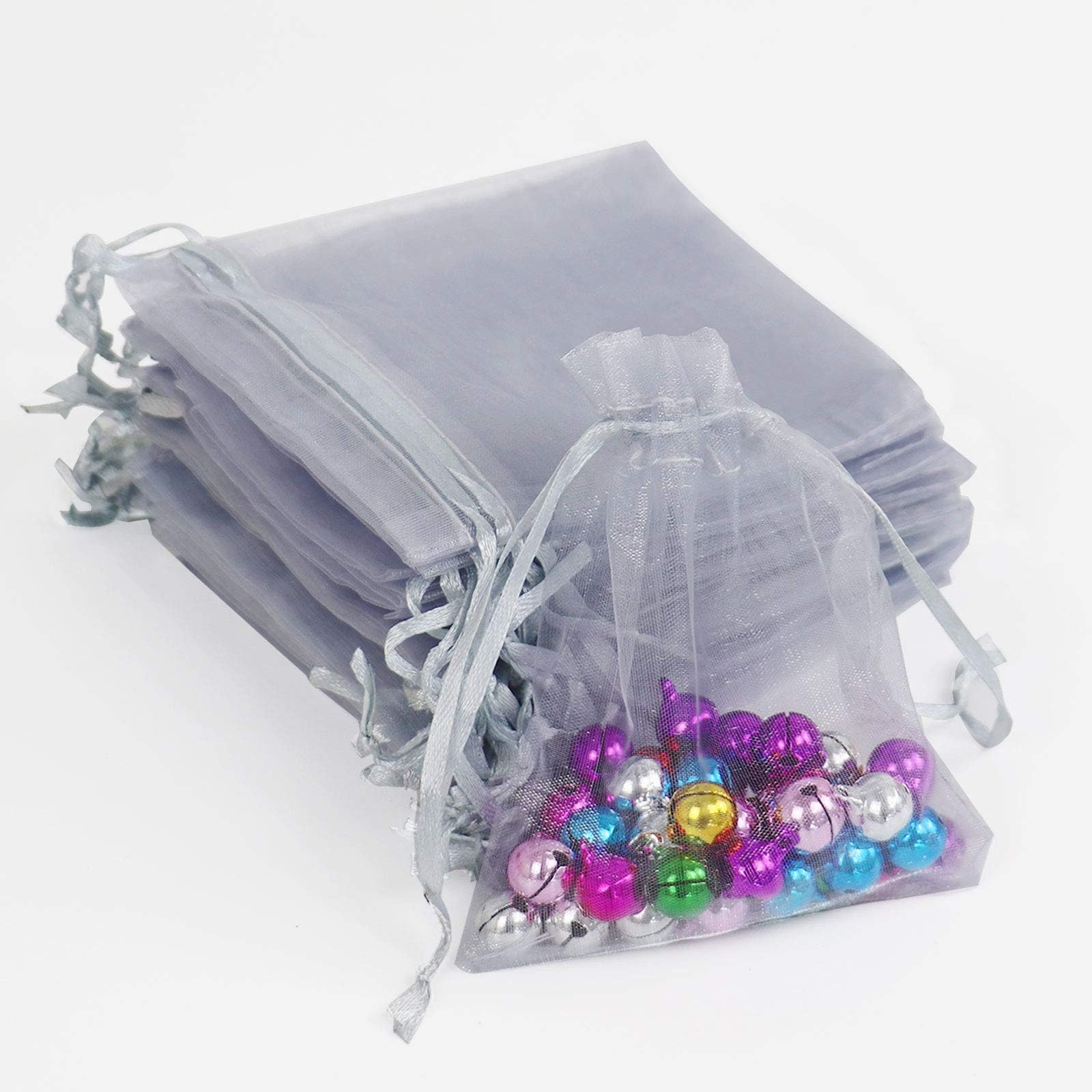 100PCS Sheer Organza Bags, Mesh Drawstring Wedding Favor Bags Bulk, Grey Gift Bag Pouches for Jewelry, Lash, Lip Gloss, Candy, Sachet, Soap, Party Packaging (3x4 Grey)