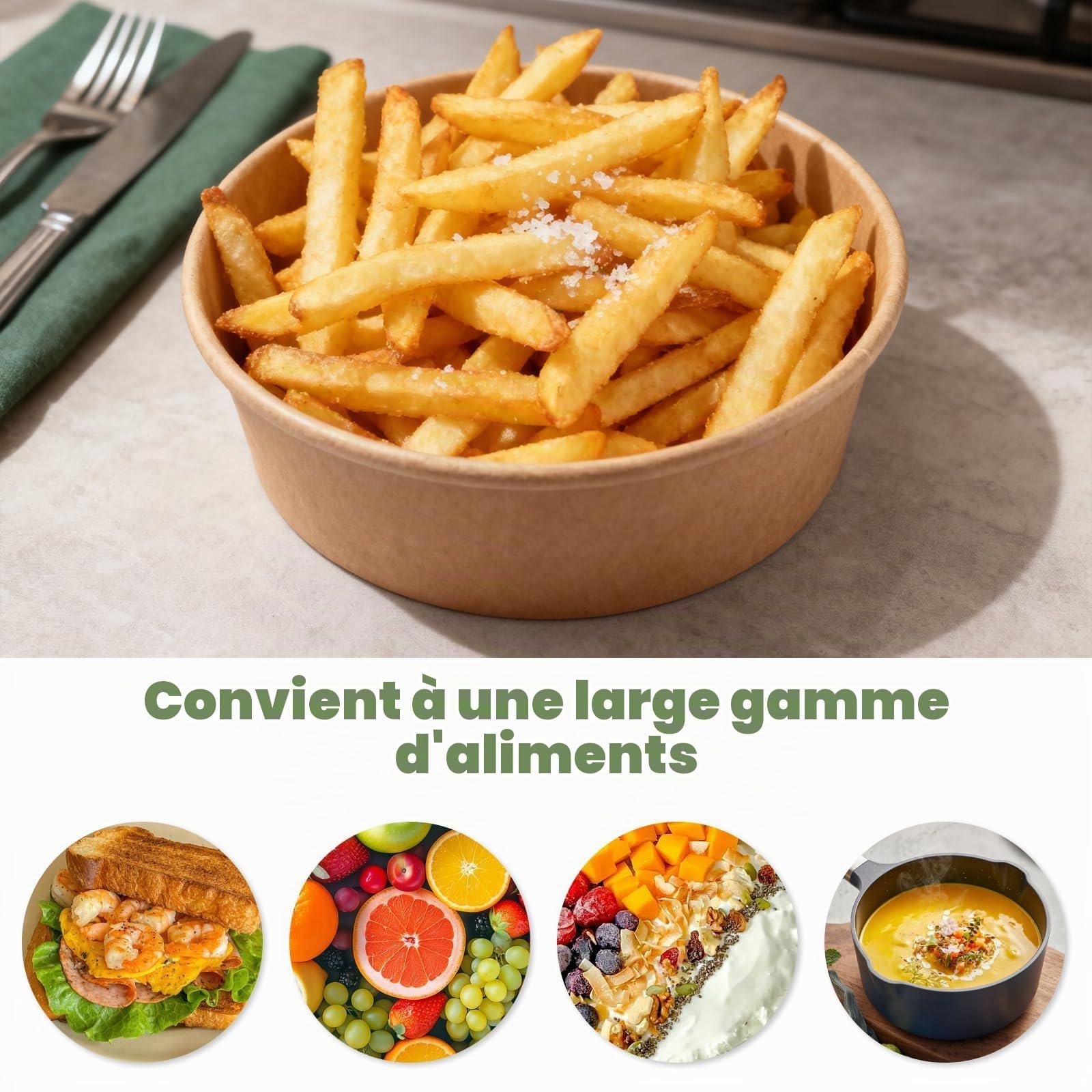 Lot de 100 Bo?tes Alimentaires en Carton Kraft 500 ML sans Couvercle, Barquette Frite Kraft 149x128x45mm, Récipient Emballage pour Restauration, Salade et Snack