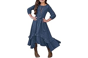 Girls Loose Plain 3/4 Sleeve Casual Pocket Ruffle Swing Long Maxi Dress with Belt